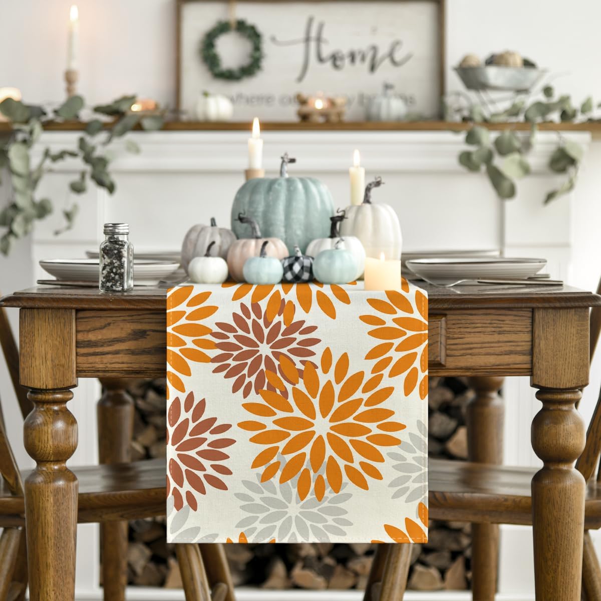 Artoid Mode Orange Dahlia Floral Pinnata Fall Table Runner, Seasonal Autumn Thanksgiving Kitchen Dining Table Decoration for Home Party Decor 13x90 Inch