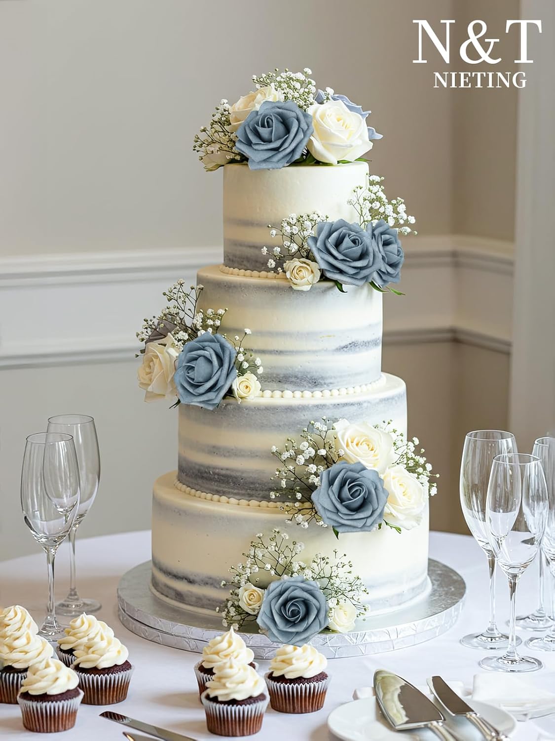 N&T NIETING Artificial Flowers, 25pcs Foam Roses Fake Flowers DIY Wedding Party Cake Decoration, Home Display, Dusty Blue Gray