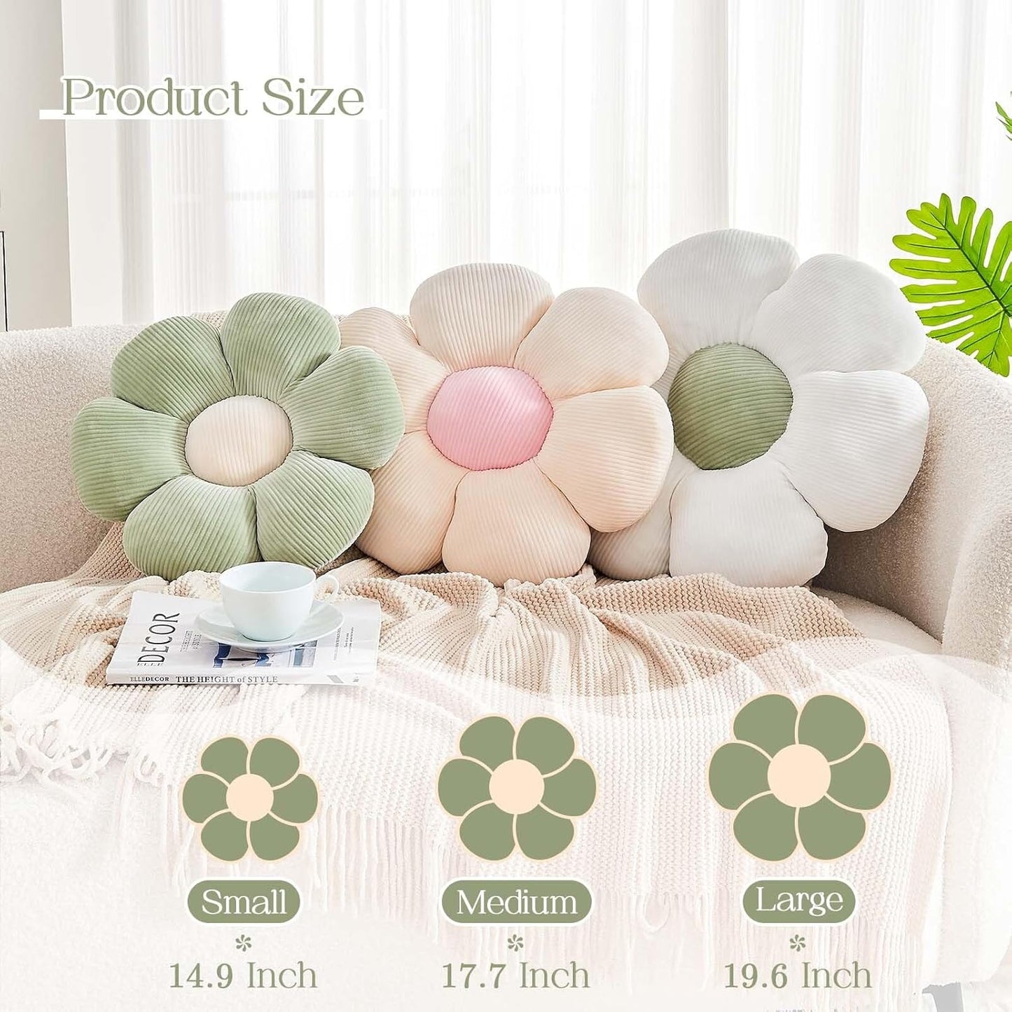 Beige Flower Pillow, 14.9" Cute Flower Shaped Floor Pillow, Aesthetic Floral Plush Daisy Decorative Throw Pillows for Bed Sofa Couch