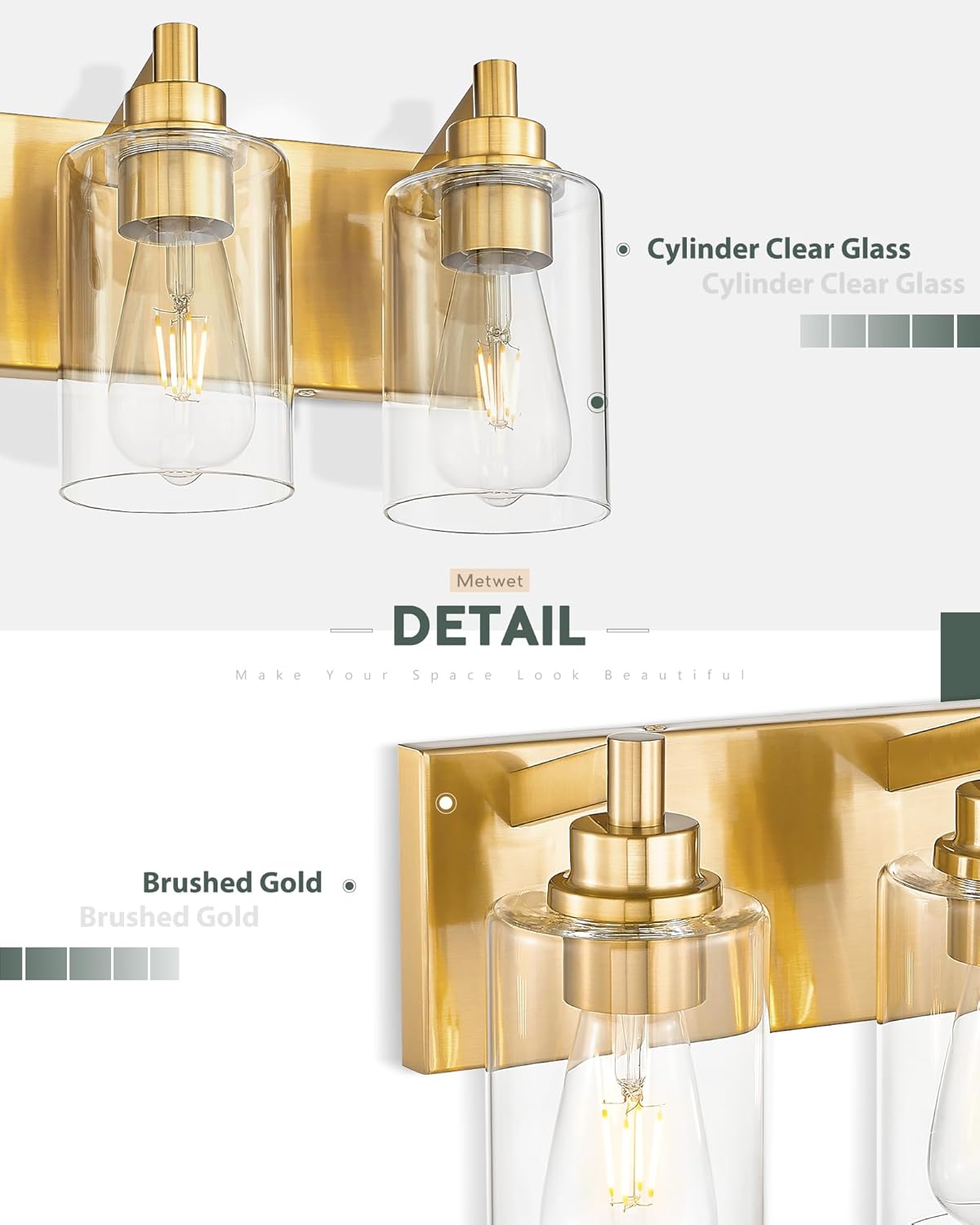 4-Light Bathroom Light Fixtures, Brushed Gold Vanity Light with Cylinder Clear Glass Shade, Modern Vanity Lighting Fixtures Over Mirror, VL143-BG-4