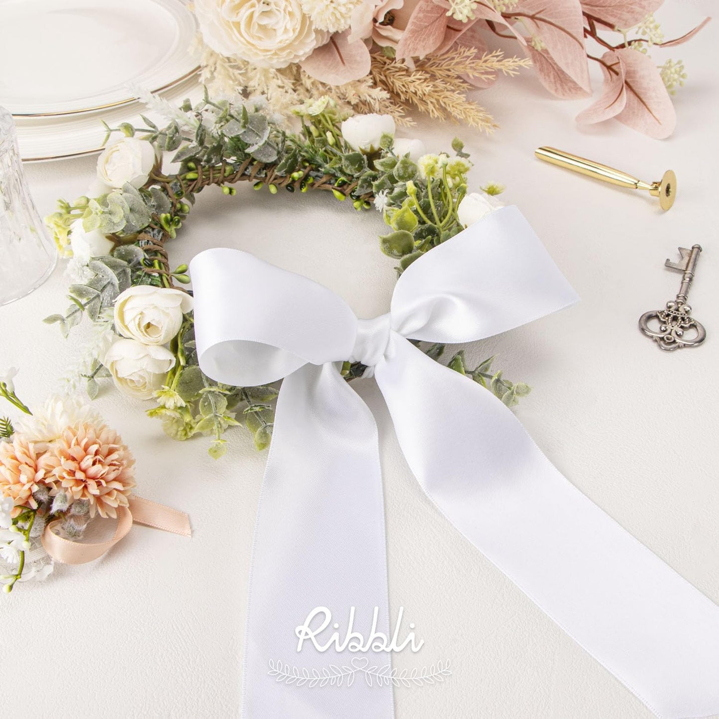 Ribbli White Double Faced Satin Ribbon, 2” x Continuous 10 Yards,Use for Bows Bouquet,Gift Wrapping,Floral Arrangement,Wedding Decoration