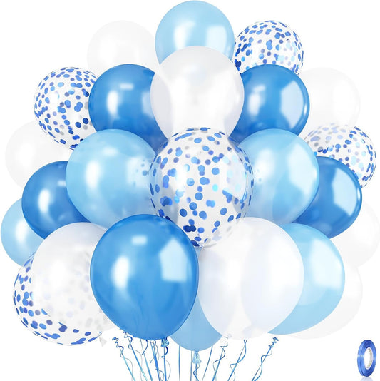 Blue and White Balloons, 35pcs 12 Inch Pearl Royal Blue Light Blue White Balloons, Pale Confetti for Boys Christening Baby Shower 1st Birthday Men Aqua Wedding Party Decorations Is-02