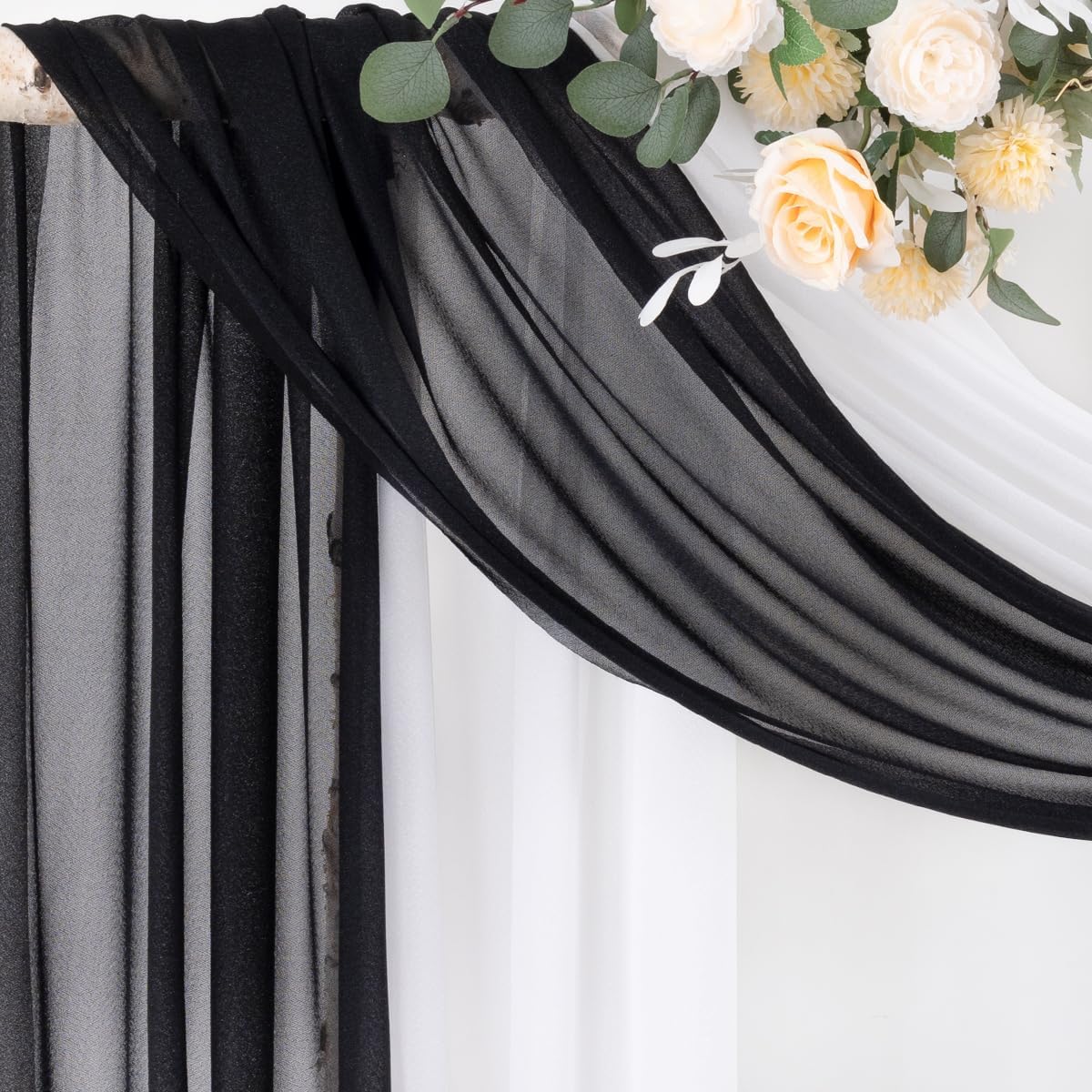 Socomi Wedding Arch Draping Fabric 29" x 20Ft 2 Panels Black and White Sheer Outdoor Curtain Drapes Extra Long for Bridal Baby Shower Birthday Party Decor