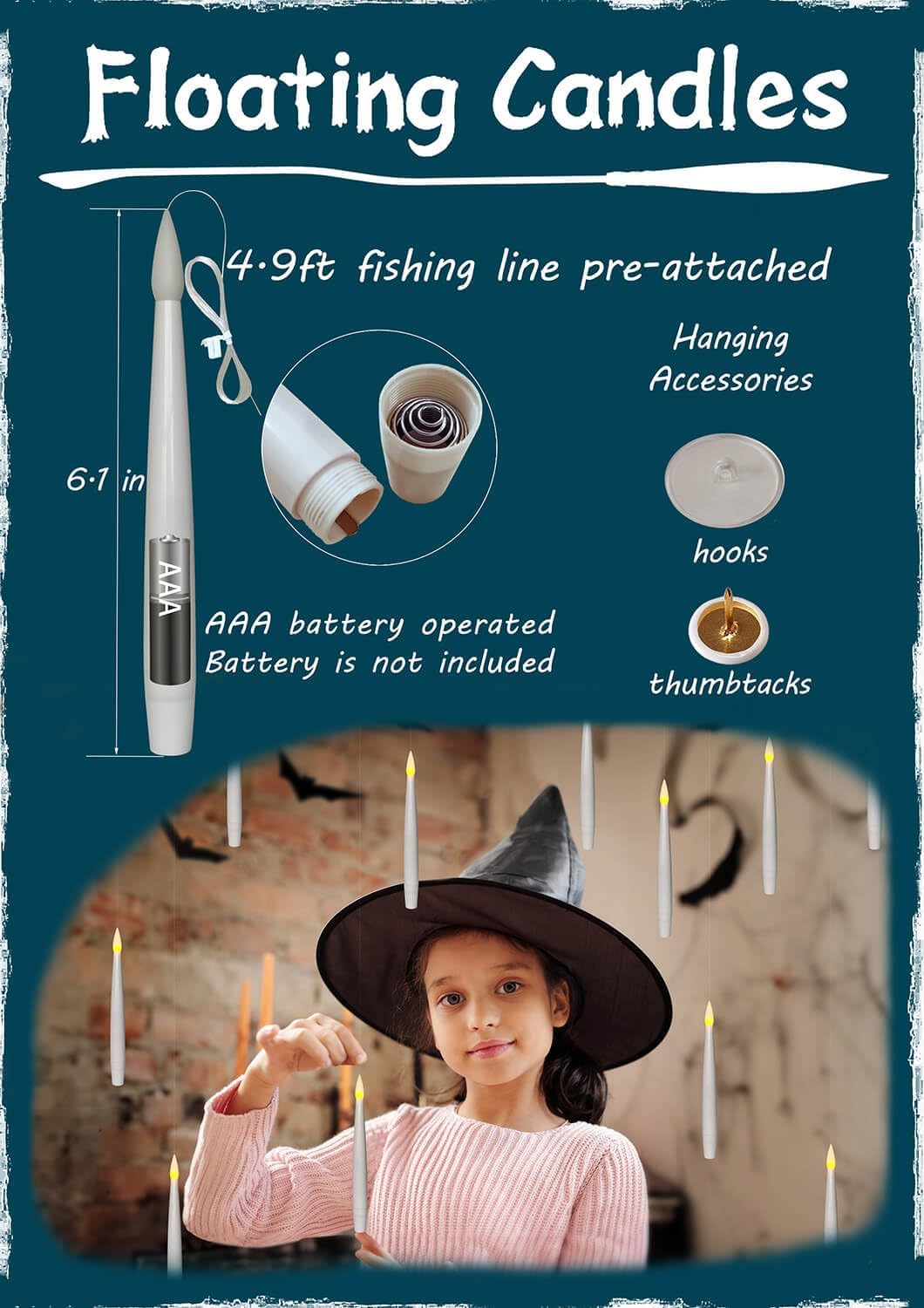 Leejec Floating Candles with Magic Wand Remote (6/18H Timer), 20pcs 6.1” Hanging Flameless Taper Candles, Flickering Warm Light, Halloween Christmas Classroom Windows Wedding Party Decor(White)