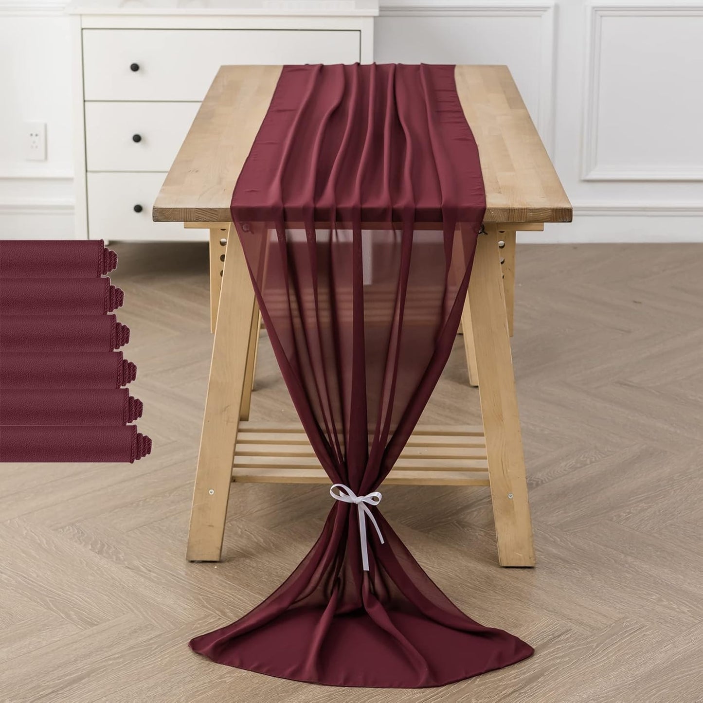 6Pack 9ft Chiffon Table Runner 14x108 Inch Sheer Romantic Table Runner for Wedding Birthday Party Bridal Shower Outdoor Decoration -Burgundy