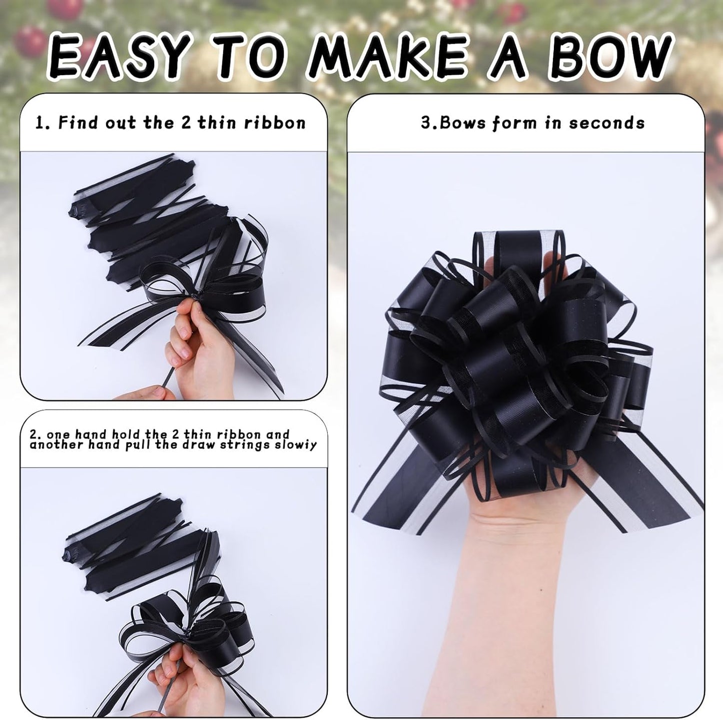 6Pcs 6inch Pull Bow Gift Wrapping,Pull Bow For Gift Basket, Gift Bag Box Wrapping Decor, Valentines Day, Birthday, Anniversary, Wedding, Flower Packaging (Black)