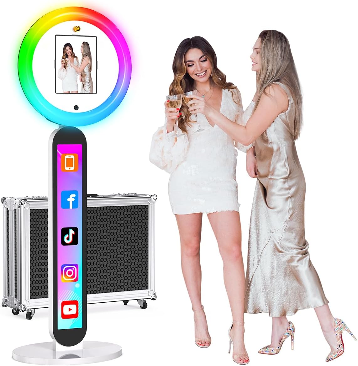 Photo Booth Stand Compatible with 10.2"-12.9" iPad, Large Light Box Customized Logo Photobooth Machine Cyratok APP Software Control Ring Light,Perfect for Wedding/Parties/Birthday(Flight Case)