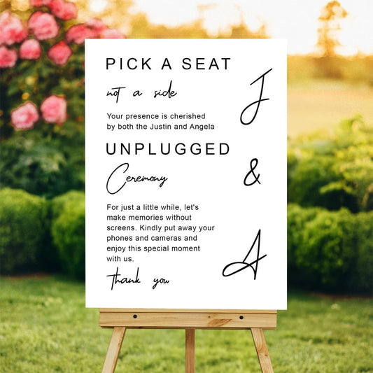Modern Wedding Yard Sign – Pick a Seat & Unplugged Ceremony – Artistic Layout – Custom Acrylic or Corrugated Sign