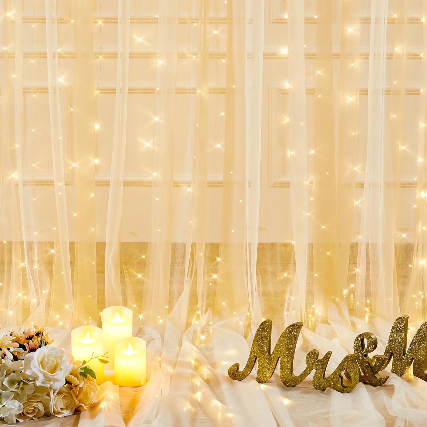 gogoparti 20x10ft Champagne Tulle Backdrop Curtains with Lights for Party Wedding Baby Shower, Sheer Wrinkle Free Backdrop Curtains for Birthday Party Photo Booth Background Decoration