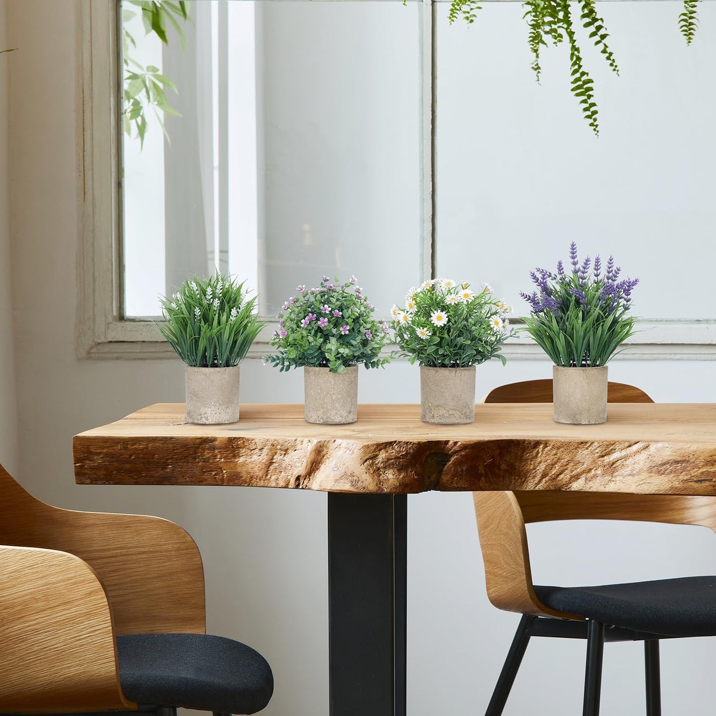4 Pack Small Fake Plants, Artificial Eucalyptus Leaves with Flowers, Lavender & Daisy with Gray Paper Pulp Pots, Small Faux Potted Plant with Flowers for Home Decor, Indoor&Outdoor Decoration