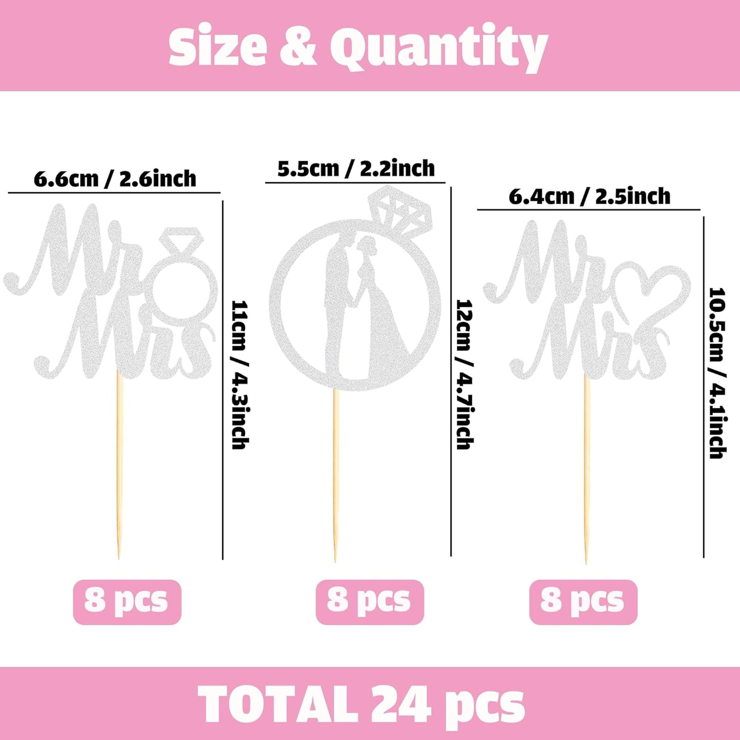 Sotpot 24PCS Miss to Mrs Cupcake Toppers with Ring Silver Glitter for Wedding Bridal Shower Wedding Engagement Party Cake Decorations