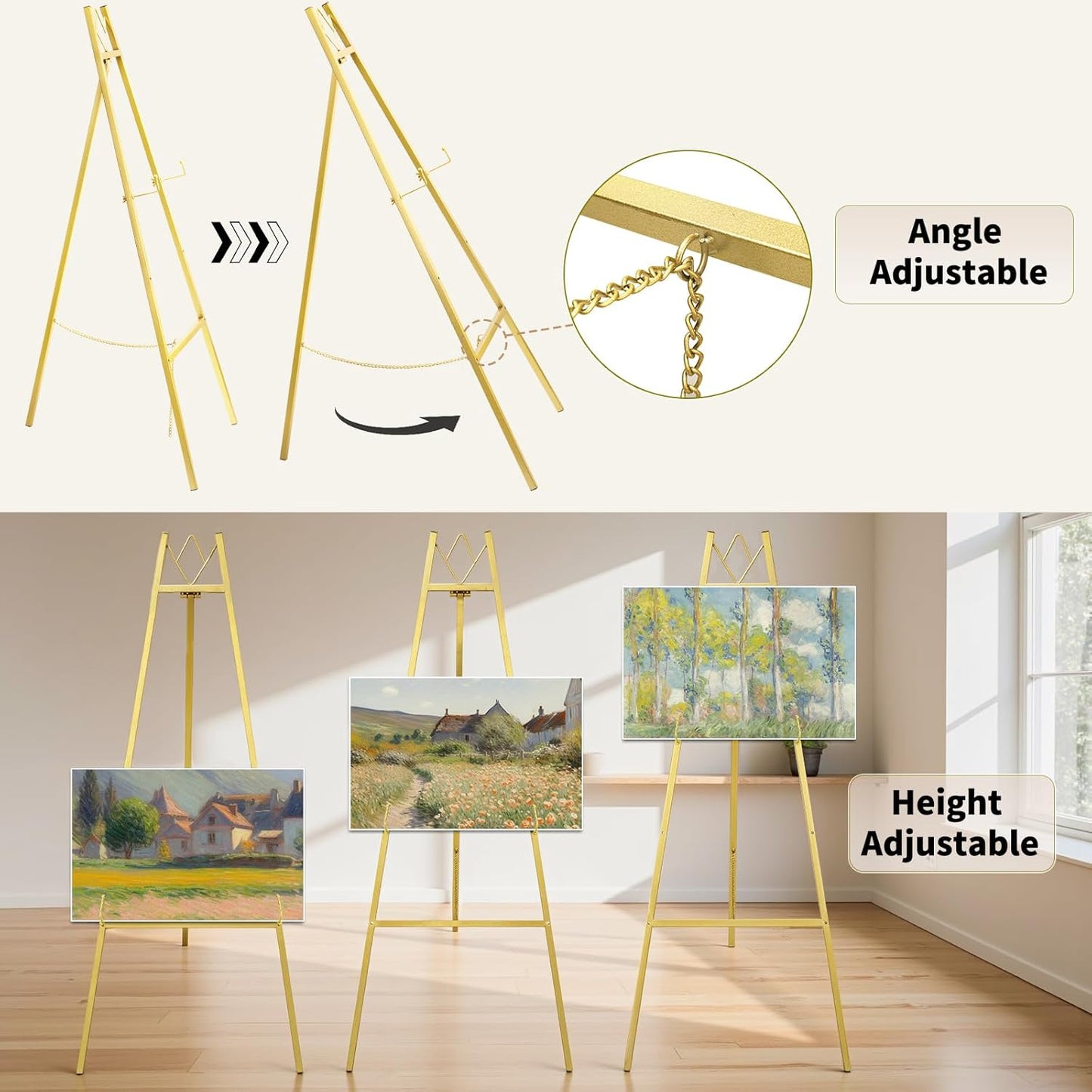 GRENTY 2 Pack Gold Easel Stand for Wedding Signs – No Assembly Needed, Heavy Duty Metal Display Stand for Art, Welcome Signs, Posters, Pictures, Paintings, and Floor Décor
