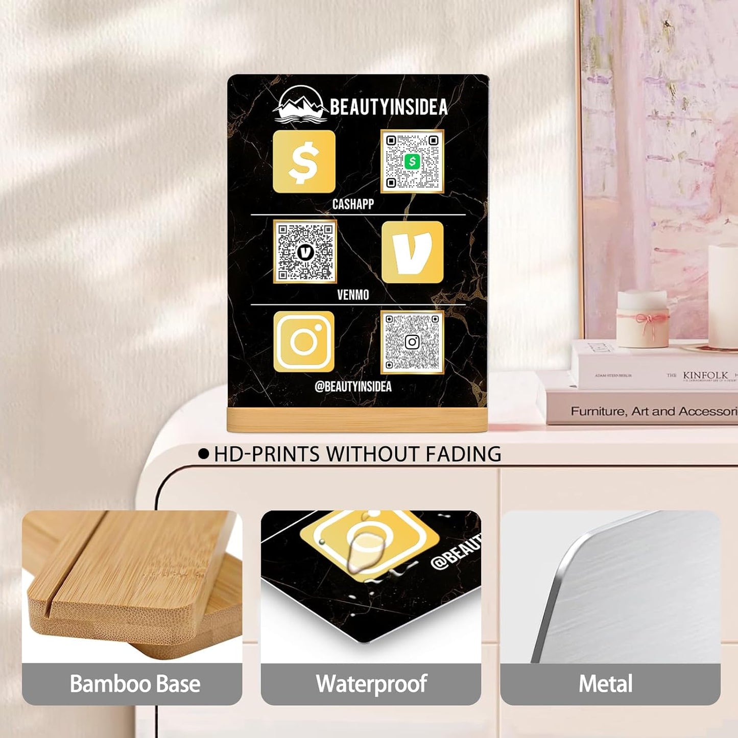 Personalized Custom Metal QR Code Sign Venmo Cashapp Scan to Pay with Stand Instagram Facebook Social Media QR Signs Bar Code QR Plaque Print for Business Salon Beauty Store Restaurant Wifi Sign (S3)