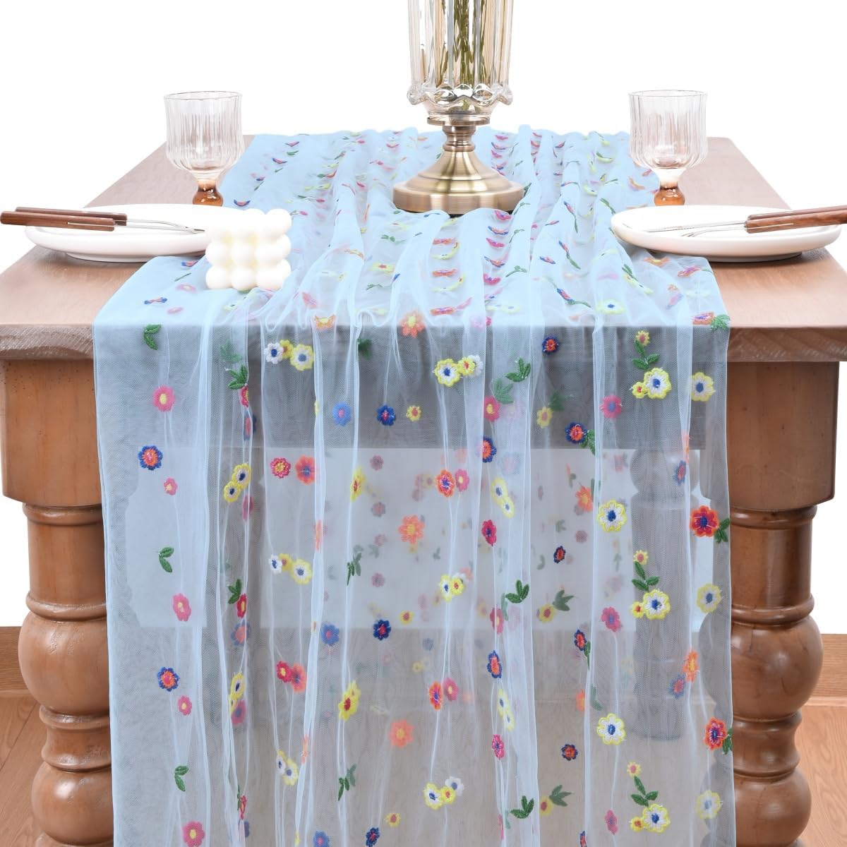 Joanlody Blue Embroidery Daisy Fall Thanksgiving Table Runner Florals Seasonal Tulle Table Runner Holiday Kitchen Dining Table Decoration Wedding Party