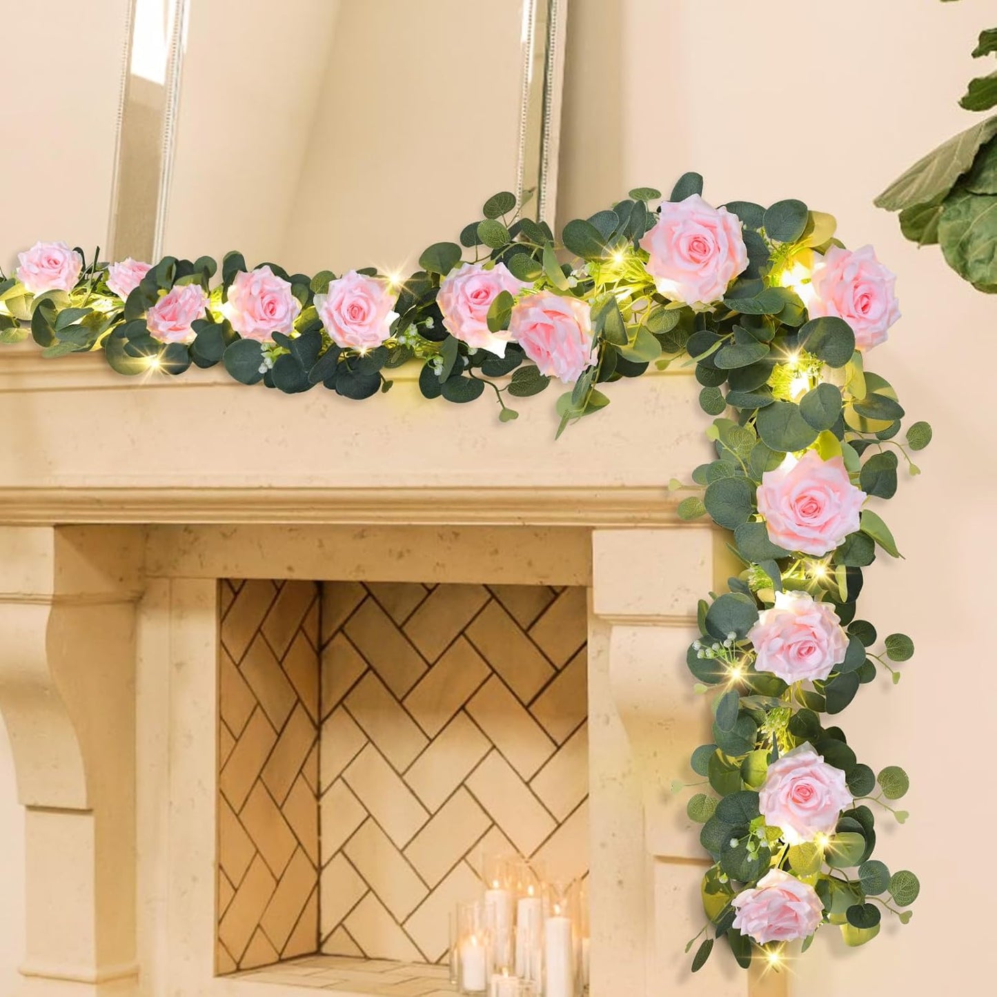 MACTING 6.6FT Flower Garland with Lights - Spring Gypsophila Eucalyptus Garland with 12 Pink Roses Artificial Floral Greenery Vine for Arch Table Centerpieces Backdrop Party Home Wedding Decorations