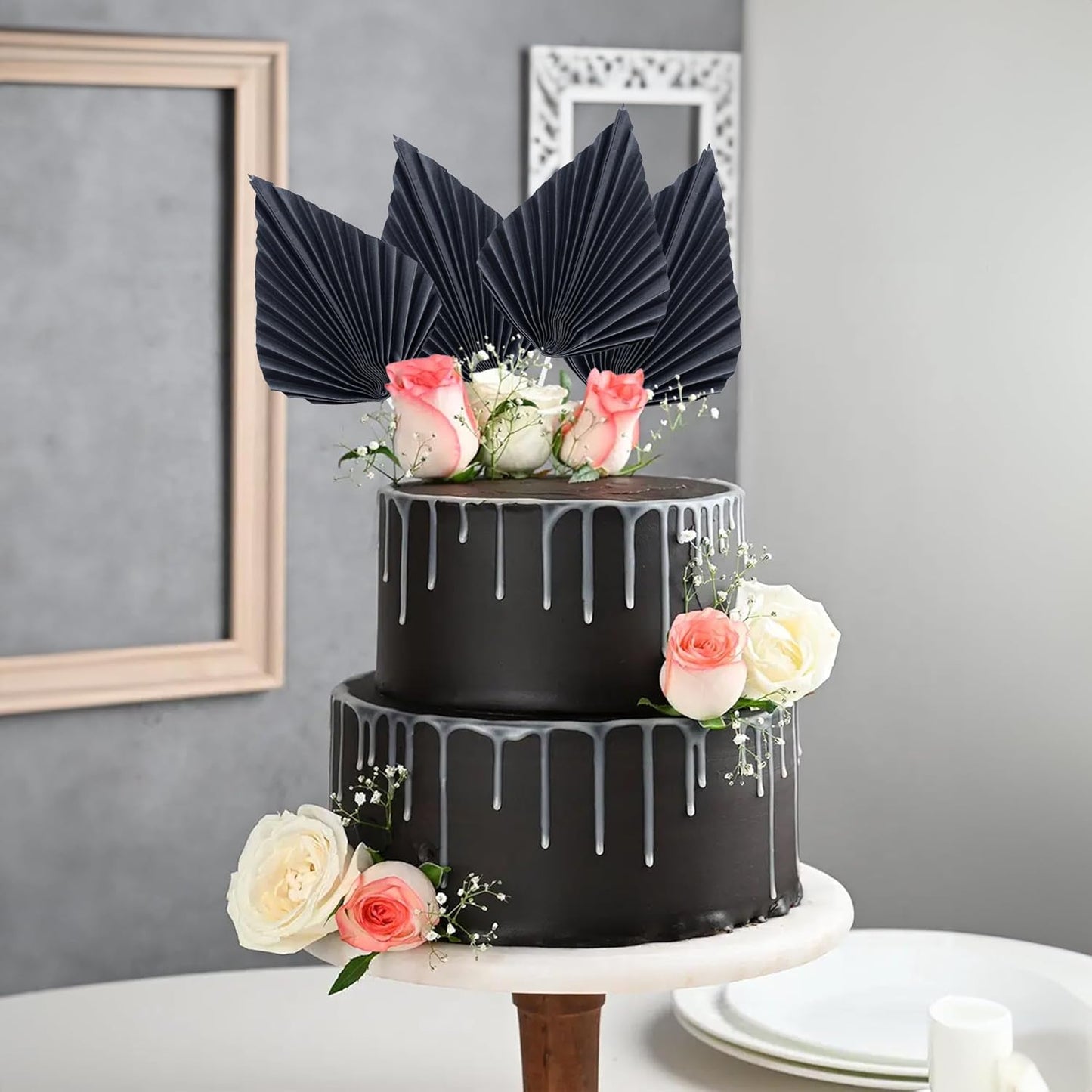 Ephlyn 6Pcs Paper Palm Fan Cake Topper Palm Leaf Fan Cake Pick for DIY Cake Bakeware Baby Shower Wedding Bridal Shower Birthday Anniversary Party Cake Decorations Supplies Black