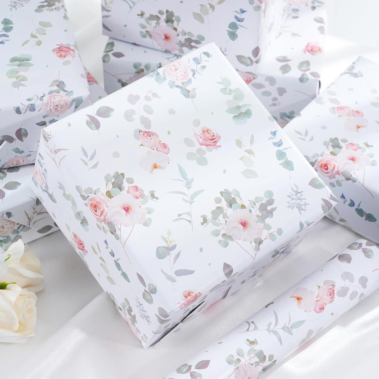 Ulmasinn Floral Wrapping Paper Roll - 17 Inches x 33 Feet - Vintage Romantic Rose Flower Gift Wrap with Cut Lines for Wedding, Birthday, Bridal Shower, Mother’s Day