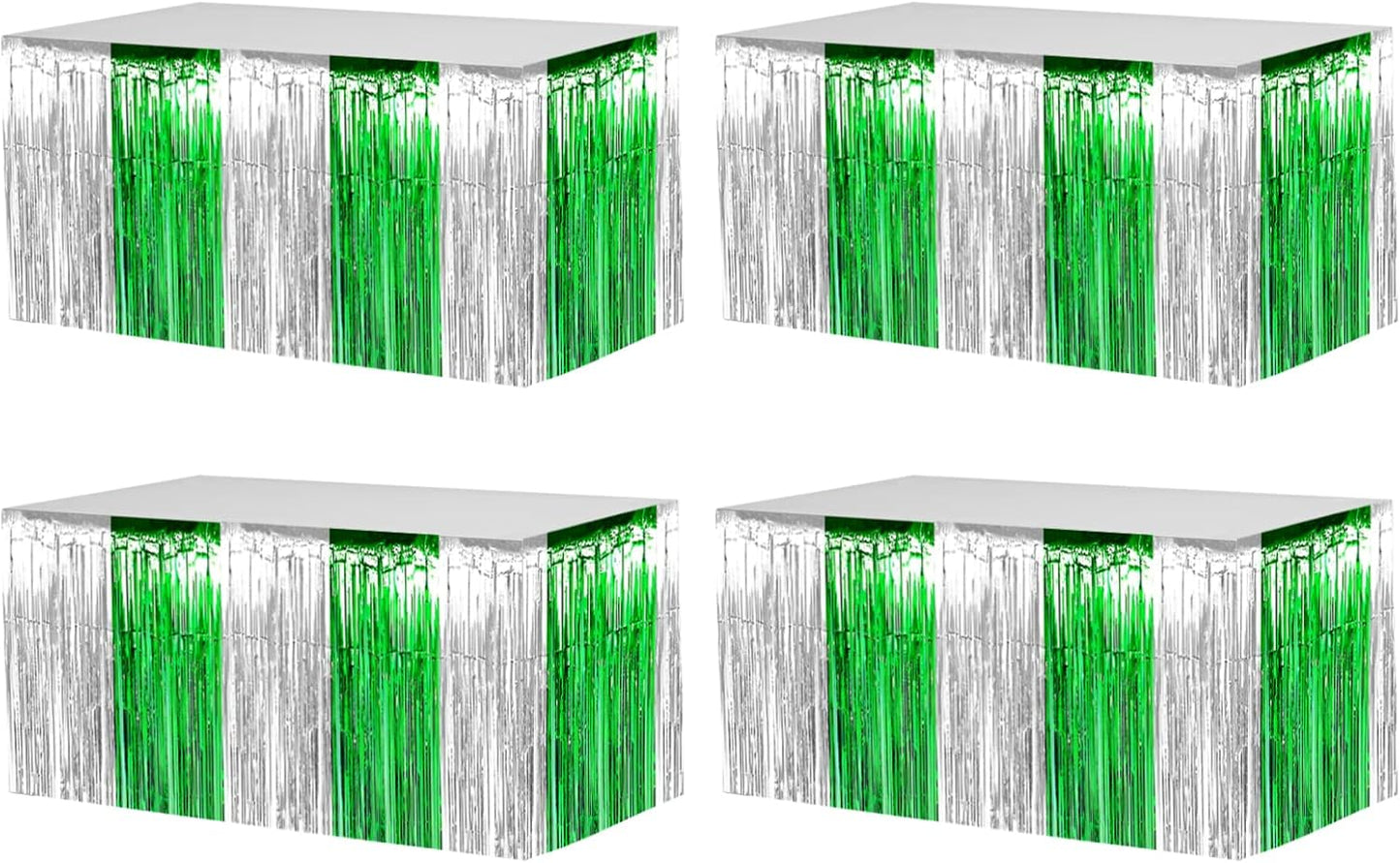 4 Pack 29x108 Inch Metallic Foil Fringe Tinsel Table Skirts for Rectangle Tables Streamer Backdrop for Wedding, Birthday, Parade Floats, Christmas, Halloween Party Decoration(Silver Green)
