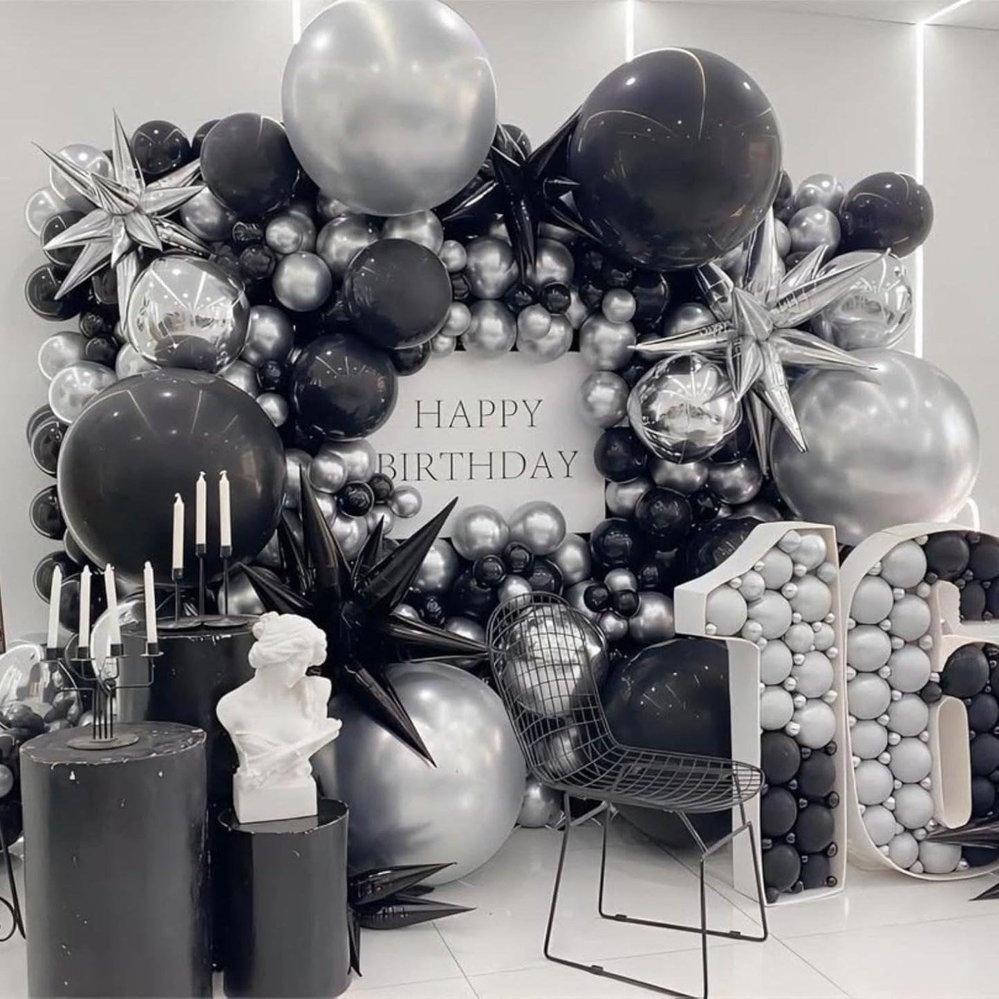 Black Silver Star Balloons 12pcs, 27/22 Inch Foil Star Explosion Balloons, Large Spike Mylar Cone Balloon, Fireworks Shape Balloon Decor for Bachelor Retirement Anniversary Graduation