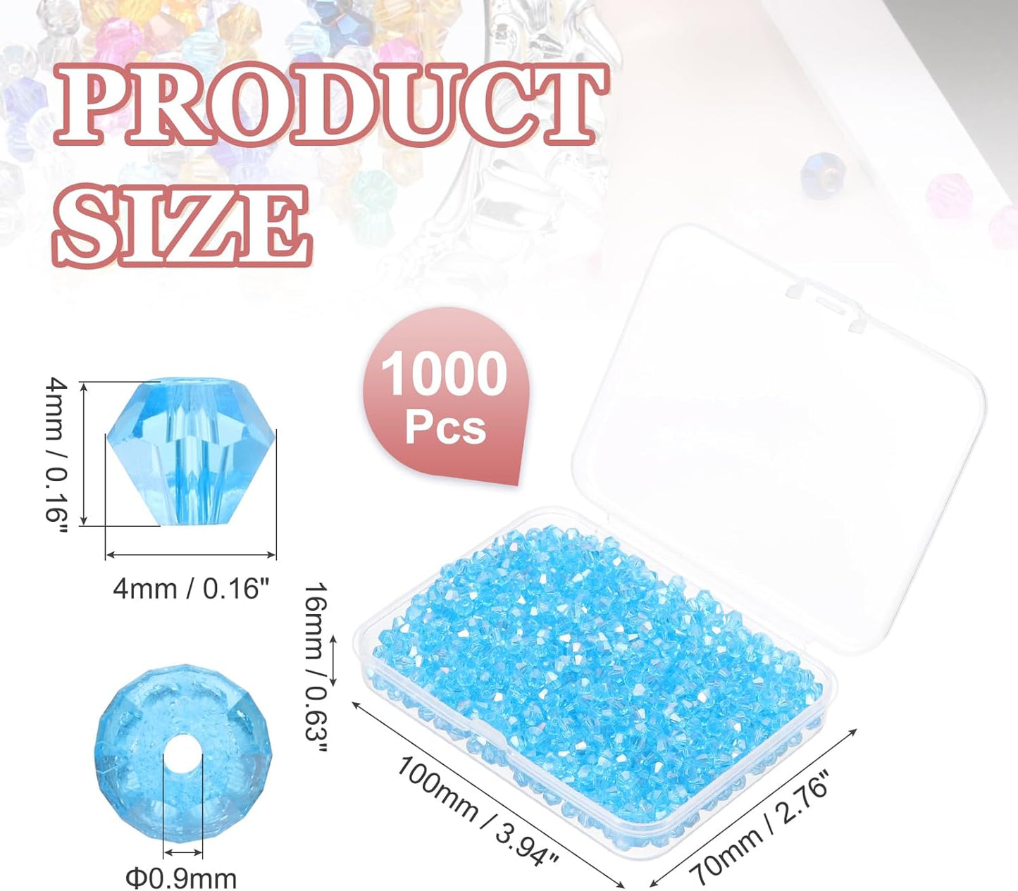 PATIKIL 1000pcs 4mm Bicone Glass Crystal Beads, Faceted Glass Spacer Beads with Box for Jewelry Making Bracelet Necklace Earrings DIY Suncatcher Craft, Sky Blue AB