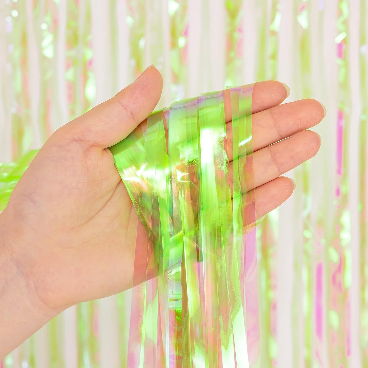 BRAVESHINE Iridescent Foil Fringe Backdrop - 2 Pack 3.2 x 6.5 ft Holographic Tinsel Curtain Party Streamers Photo Backdrop for Birthdays Dinosaur Theme Christmas Patricks Decorations - Clear Green
