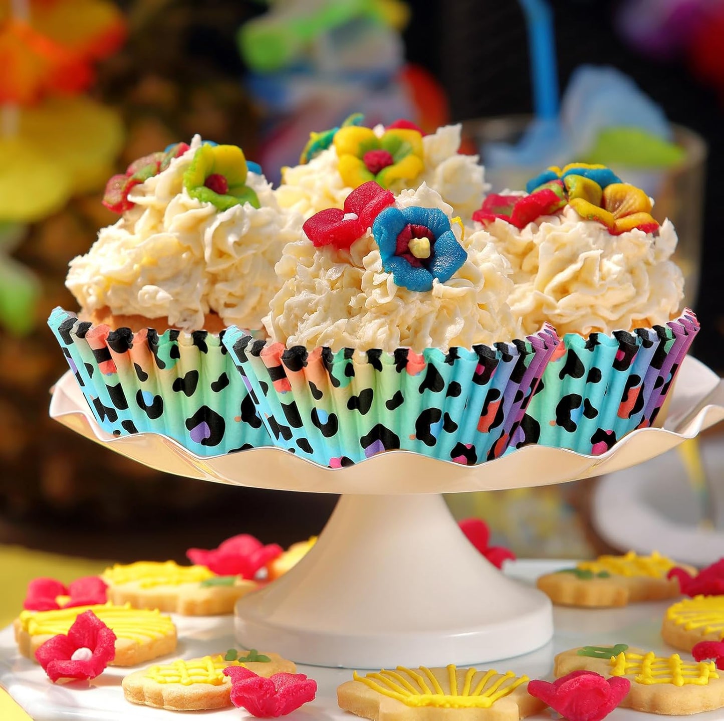 Whaline 300Pcs Leopard Print Cupcake Liner Neon Animal Spot Paper Baking Cup Rainbow Muffin Liner Cake Storage Container For Party DIY Craft, 2 x 1.2 Inch