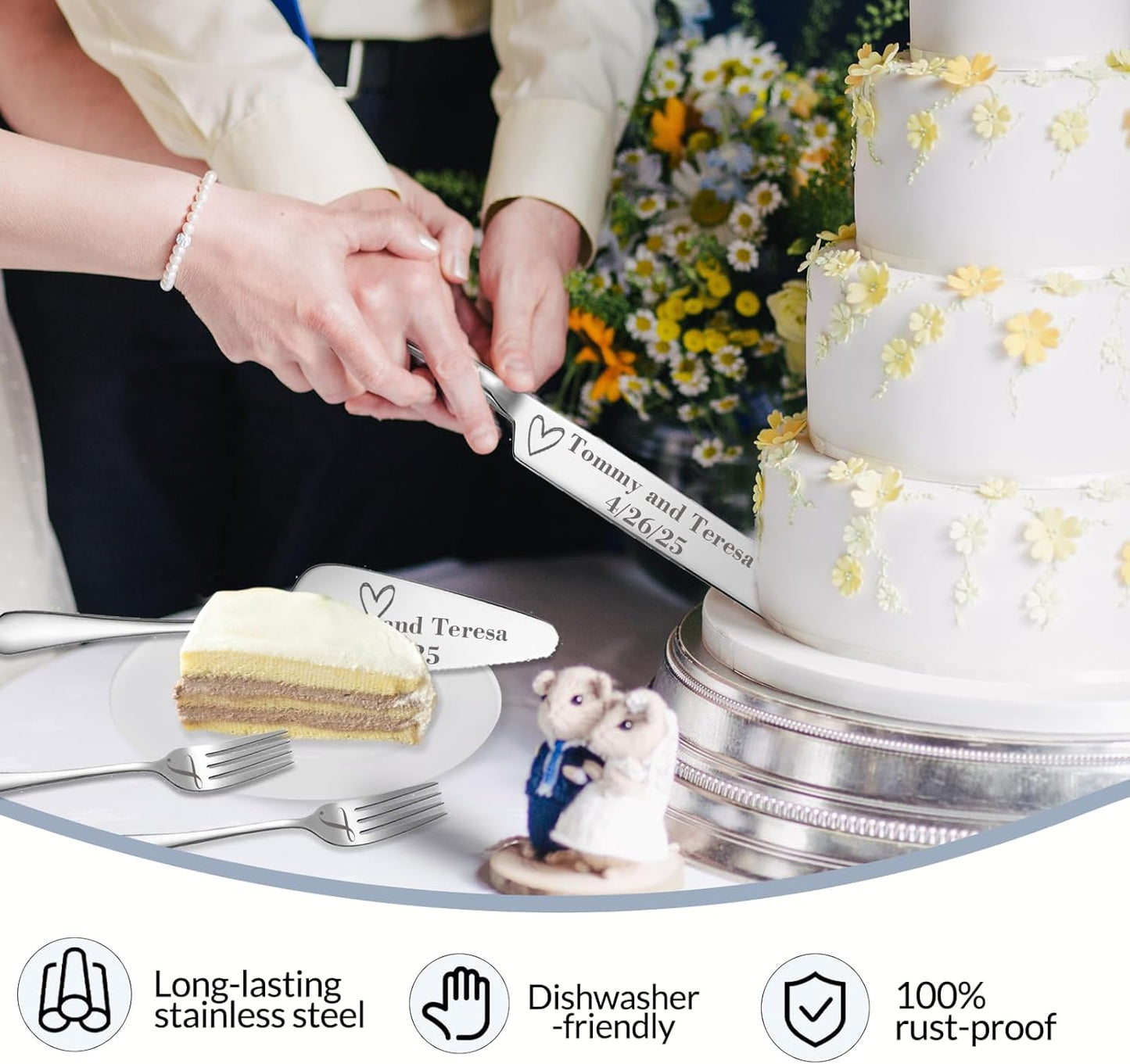 Personalized Wedding Cake Knife and Server Set, Custom Names Cake Cutting Set with Stainless Steel Forks, Customized Bridal Anniversary Birthday Wedding Registry Gifts (Silver)