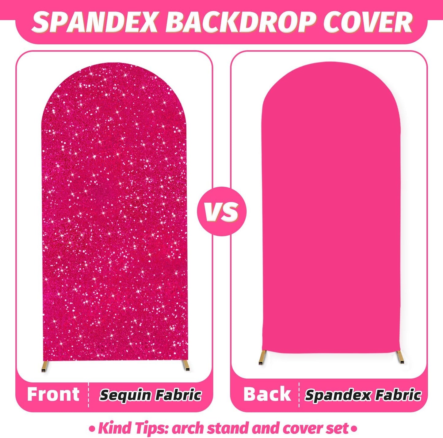 MODFUNS Arch Backdrop Stand and Cover Set 6&7.2ft Hot Pink Sequins Arch Backdrop Cover Metal Arch Frame with Covers Double Sided Arch Stand Covers for Wedding Party Baby Shower Decoration