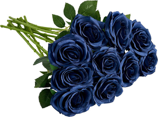 Artificial Rose 10pcs Open Flower Bouquet Navy Blue Faux Rose Stems for Wedding Arrangement, Bridal Bouquet, Centerpiece, Fake Faux Silk Flowers
