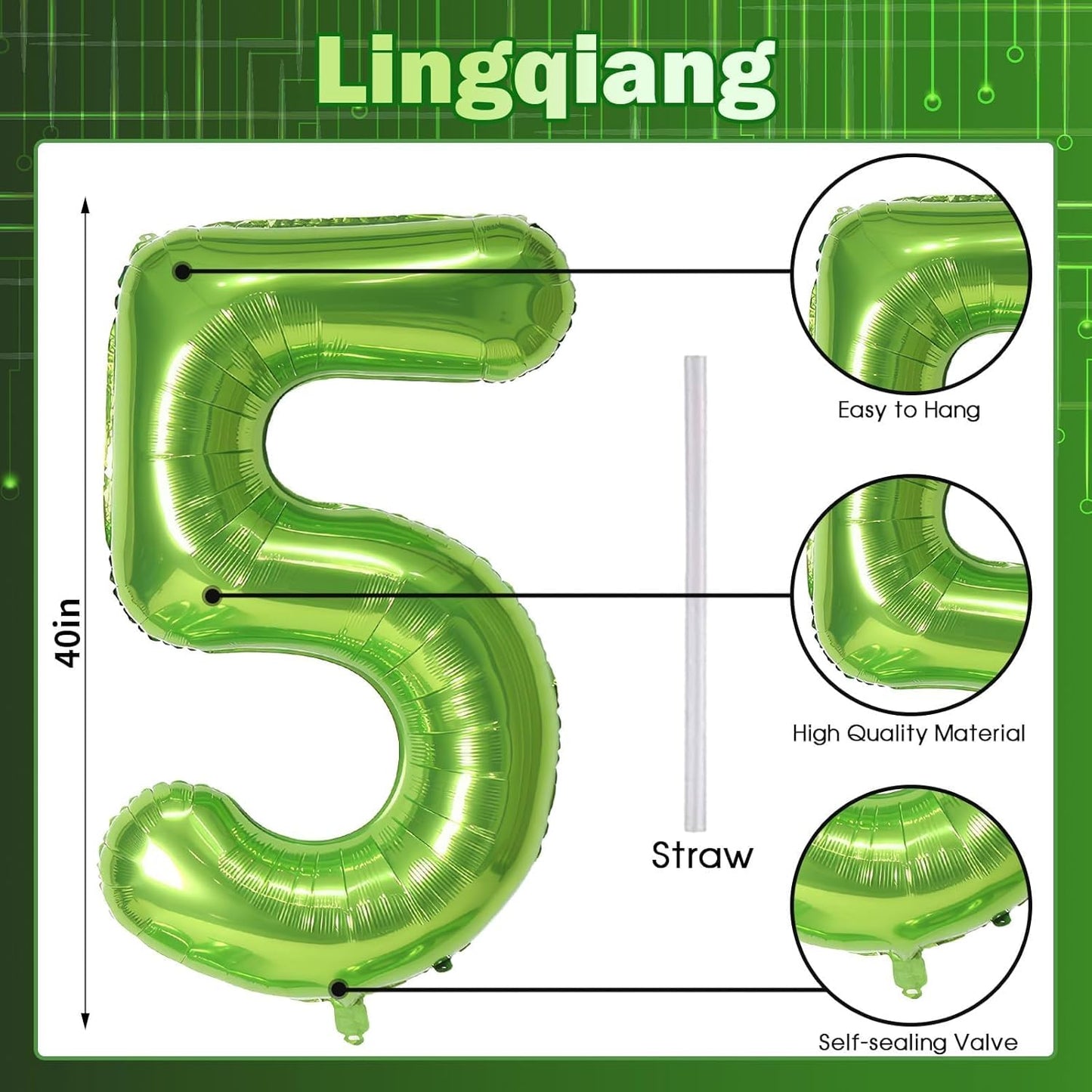 Green Number 5 Balloon for Girls Boys, 40 Inch Large Number 0-9 Foil Mylar Helium Digital Balloons Set for Women Men Jungle Birthday Graduation Anniversary Party Decorations Celebration Supplies