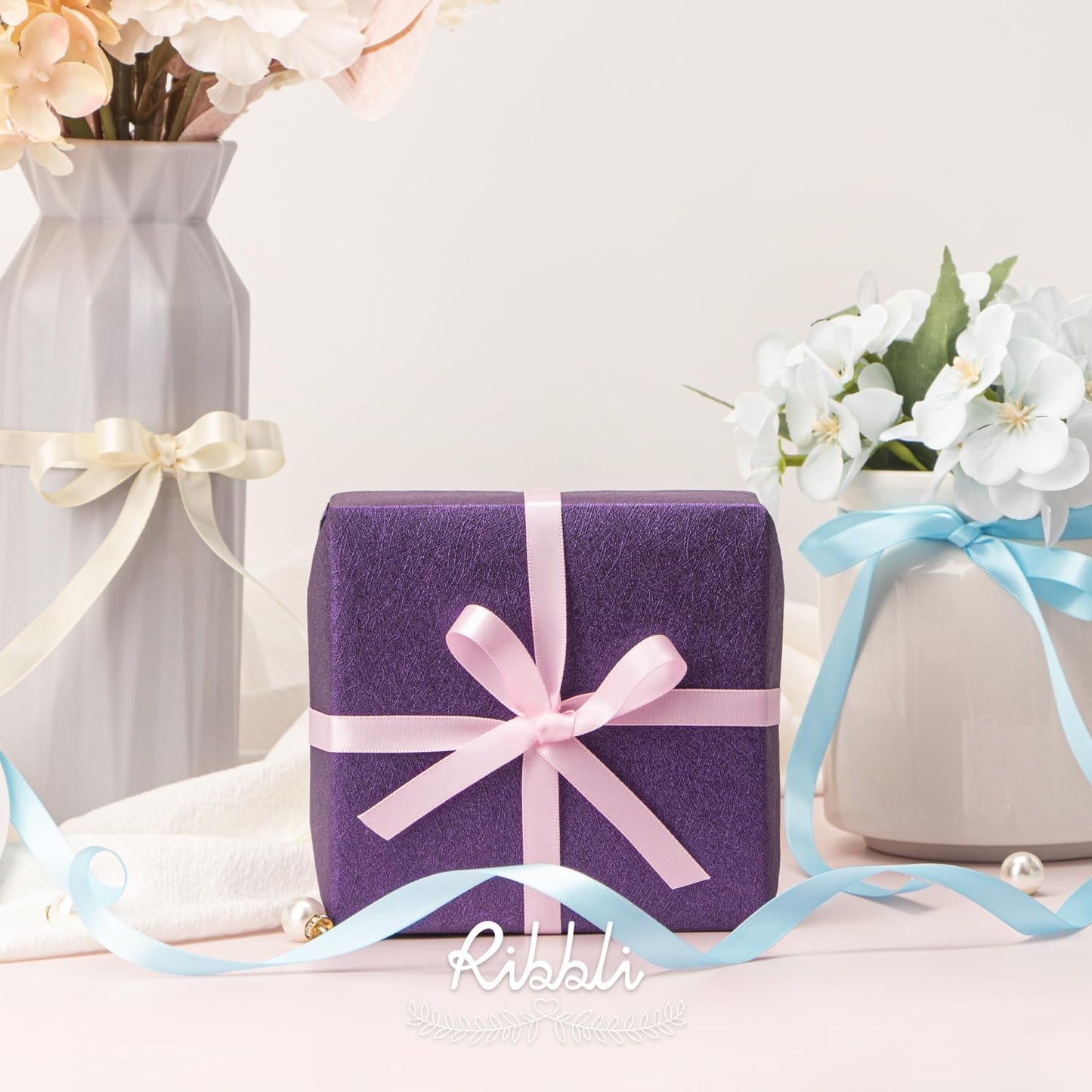 Ribbli Double Faced Ivory Satin Ribbon,3/8” x Continuous 25 Yards,Use for Bows Bouquet,Gift Wrapping,Floral Arrangement