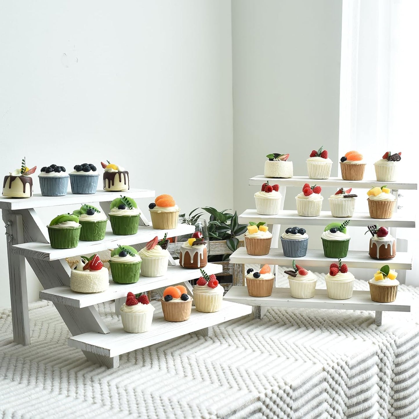 Swallowliving 2pcs Wooden Rustic Cupcake Stand for 24 Cupcakes, Stepped Wood Display Stand for Weddings, Tiered Party Table Display Riser for Food, Dessert, Cookie, Decor, Craft Show, White