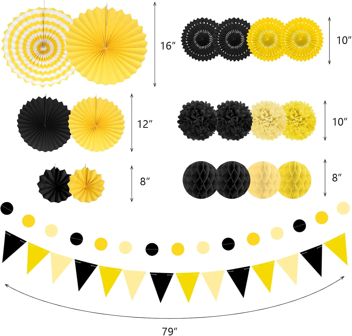 Black and Yellow Party Decorations, 23Pcs Hanging Paper Fans Birthday Decorations with Black Pom Poms Flowers for Boy Birthday, Bridal Shower, Baby Showers, Wedding