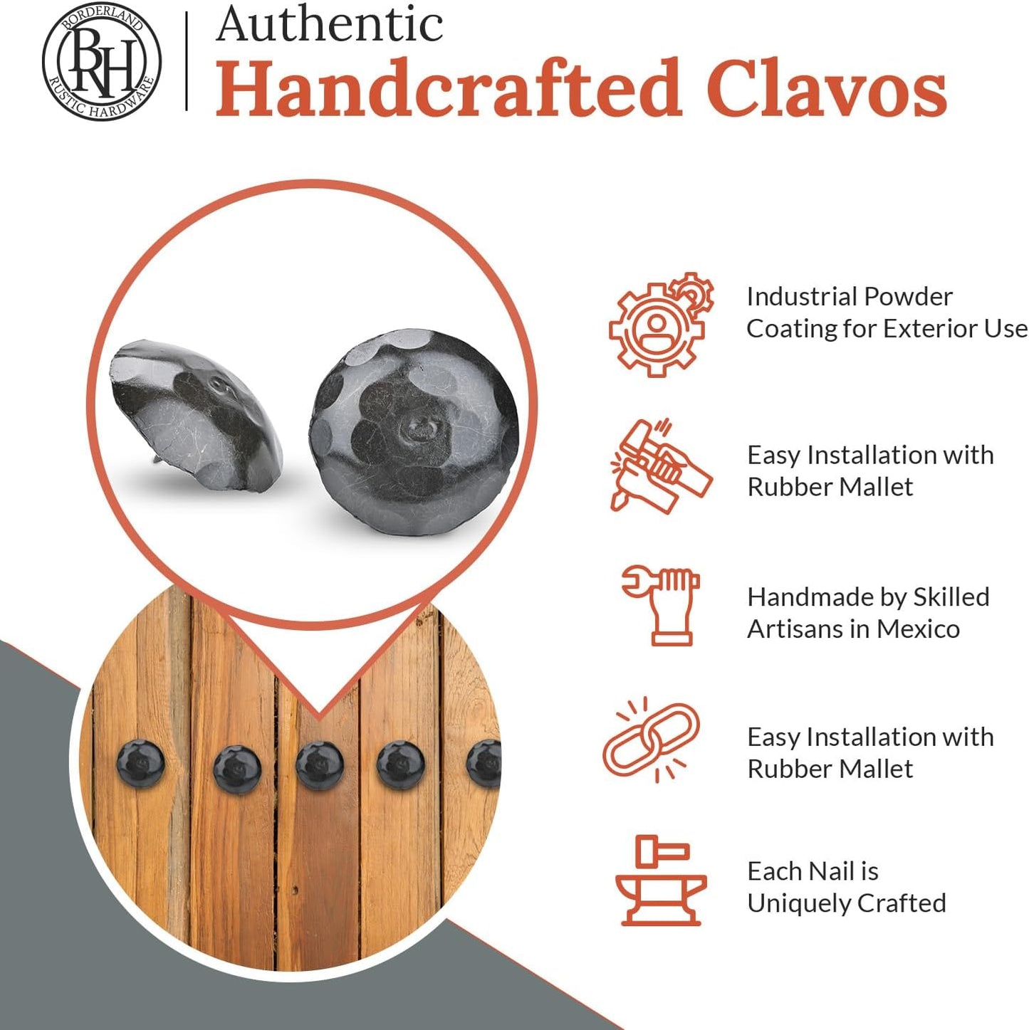 50 Pack 2" Round Head Iron Clavos Decorative Nails – Sealed Unfinished – Handmade Rustic Round Fasteners for Farmhouse Shutters, Faux Wood, Barn Doors, Shutters, Gates – Ornamental Wood Accent