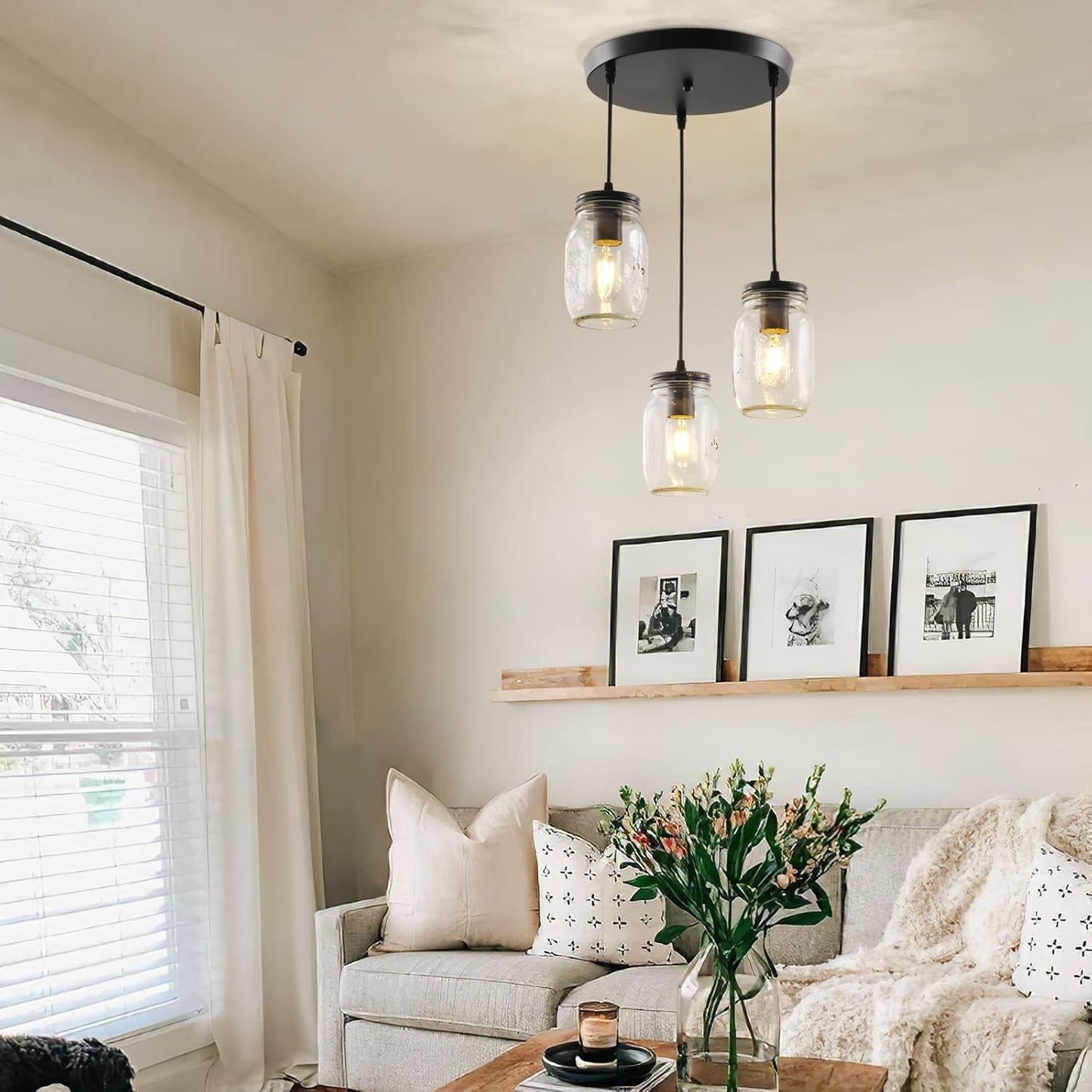 Mason Jar Light Fixtures, 3 Lights Farmhouse Mason Jar Pendant Light, Glass Jar Chandelier Country Adjustable Hanging Ceiling Lighting for Kitchen Dining Room Hallway