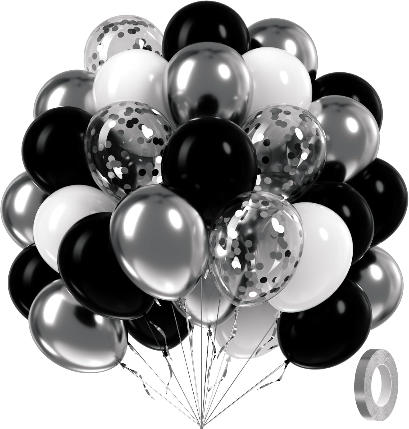 60pcs Black and Silver Balloons 12inch, Black and White Balloons with Metallic Silver Confetti Balloons for Baby Shower Wedding Birthday Graduation Party Decorations