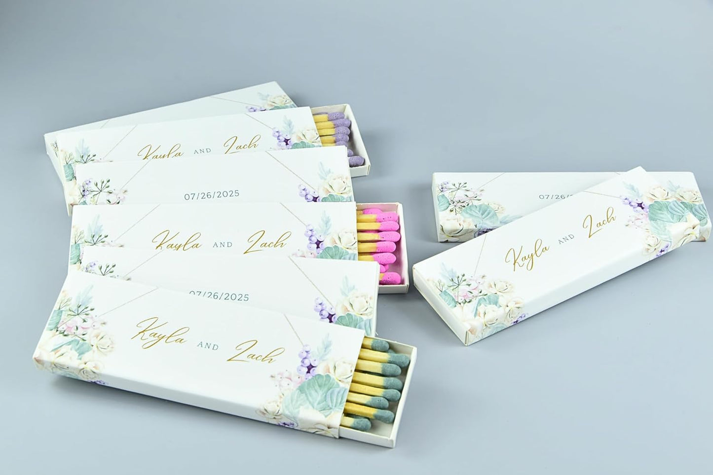 10 Boxes - Customized Matchboxes Colorful Tips (Wedding Design #5, 4" Matchboxes) (4" Matchsticks, Wedding Design #5)