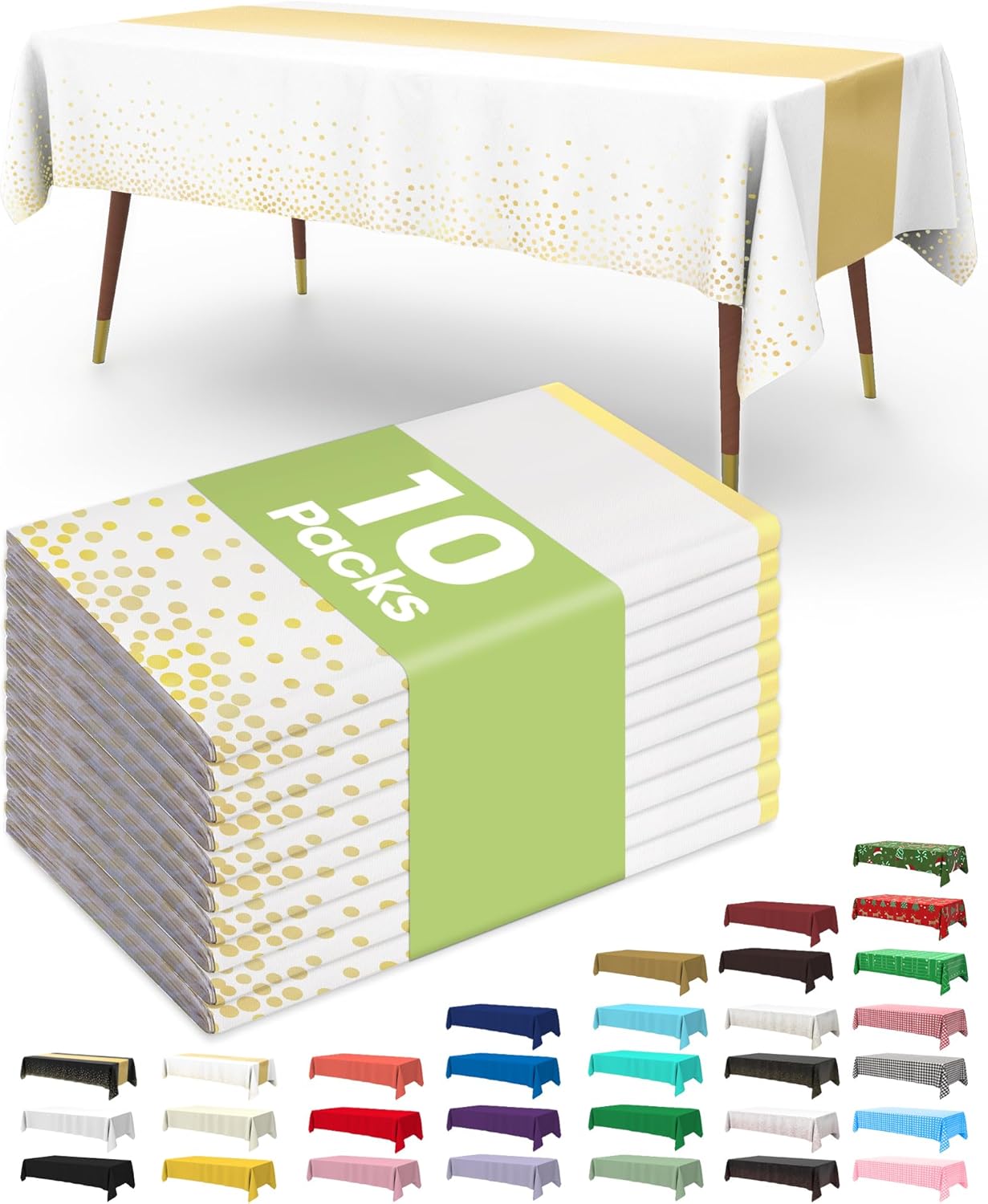 Pureegg Plastic Table Cloth Disposable 10 Pack, 54 x 108 Inch, Table Runner Style, Graduation Decorations 2025, Party Tablecloths, Rectangle, Plastic Cover, Leakproof & Sturdy, White Gold