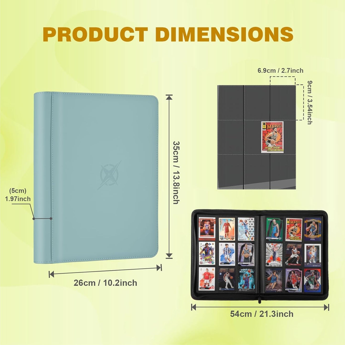 Trading Card Binder, Card Binder 9 Pocket for Trading Cards, Holds 540 Cards, Zippered Premium Card Collection Binder Album for Game Card, Sports Card, Yugioh, MTG (Sky Blue)