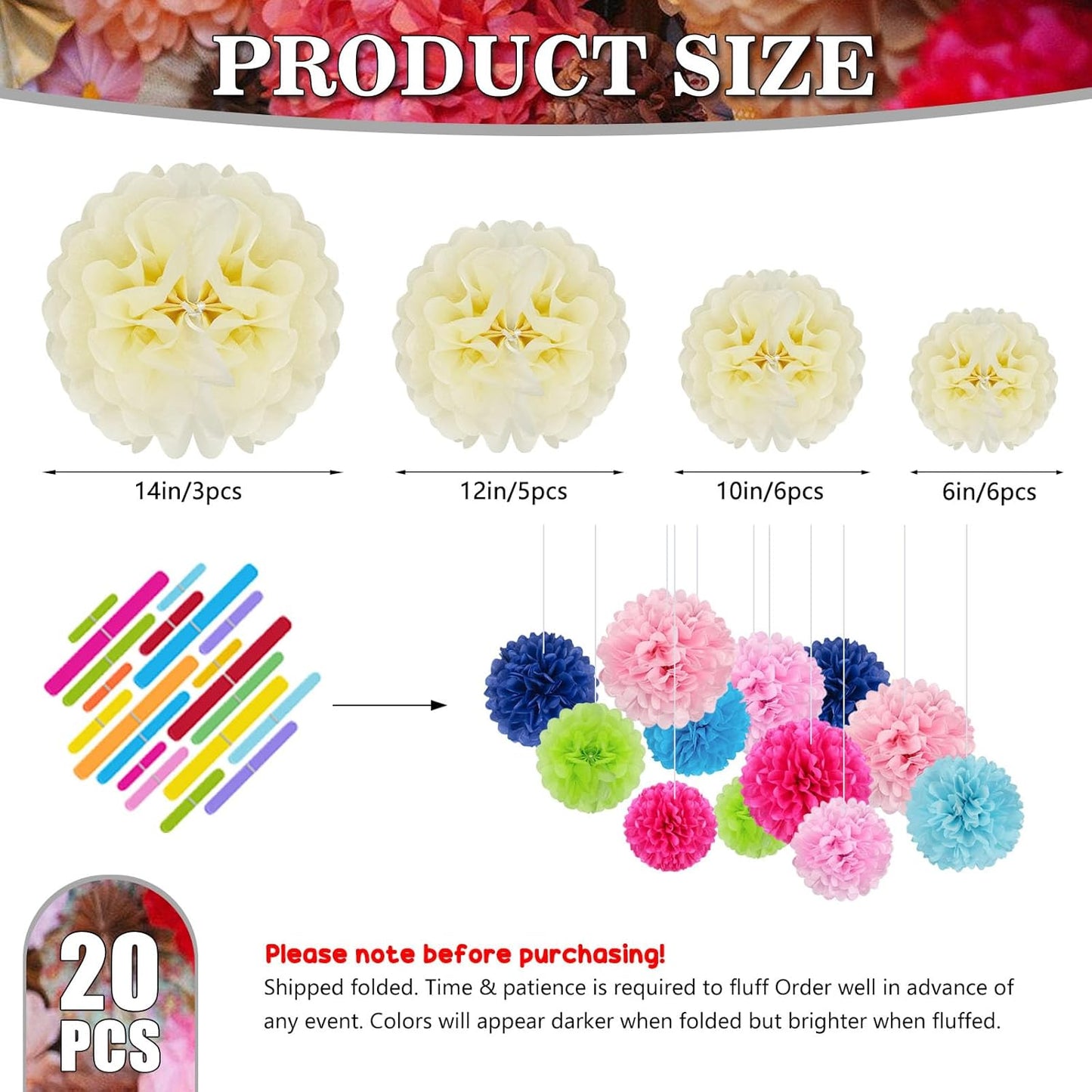 Tissue Paper Pom Poms, Ivory Tissue Paper Flowers, Hanging Flower Balls for Weddings Fiesta Parties Birthday Baby Showers Classroom Bridal Shower Decoration (20Piece Set-6/10/12/14Inch)
