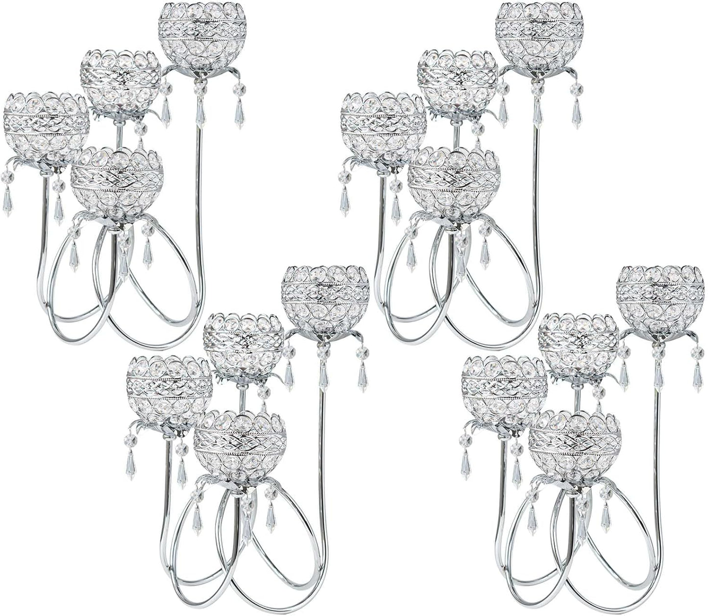 4 Arms Crystal Candelabra Tealight Holder - Tall 15.7 Inch Elegant Centerpiece with Crystal Pendant Bowls & Artistic Metal Stand for Wedding, Dining Table, Home Decor (4, Silver)