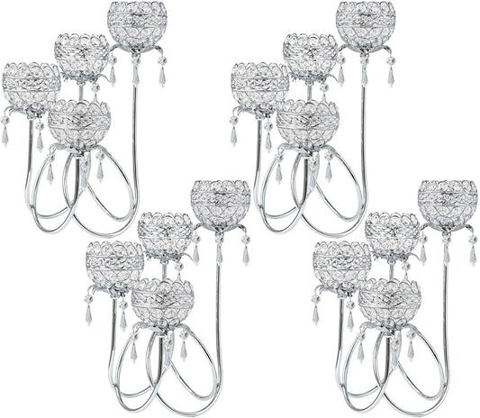 4 Arms Crystal Candelabra Tealight Holder - Tall 15.7 Inch Elegant Centerpiece with Crystal Pendant Bowls & Artistic Metal Stand for Wedding, Dining Table, Home Decor (4, Silver)