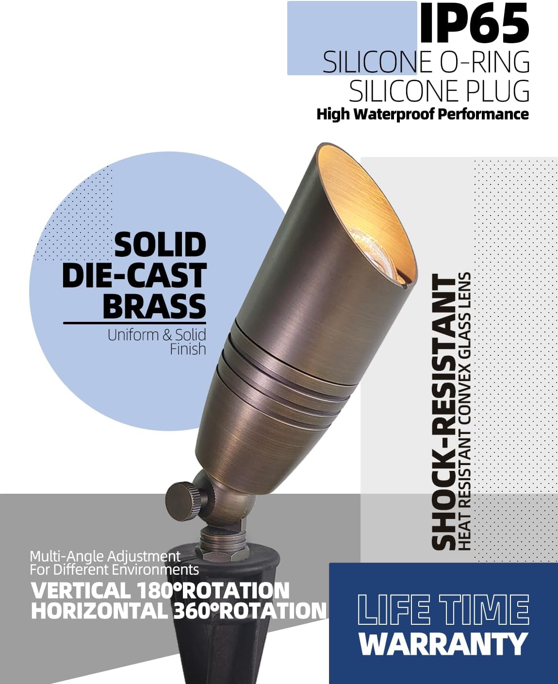 MALORY Brass Landscape Spot Lights 1-Pack Without Bulb(S02), Low Voltage 12V AC/DC Outdoor Spotlights for Yard,Landscape Lighting for Garden and Patio,PVC Ground Stake and Wire Connector Included