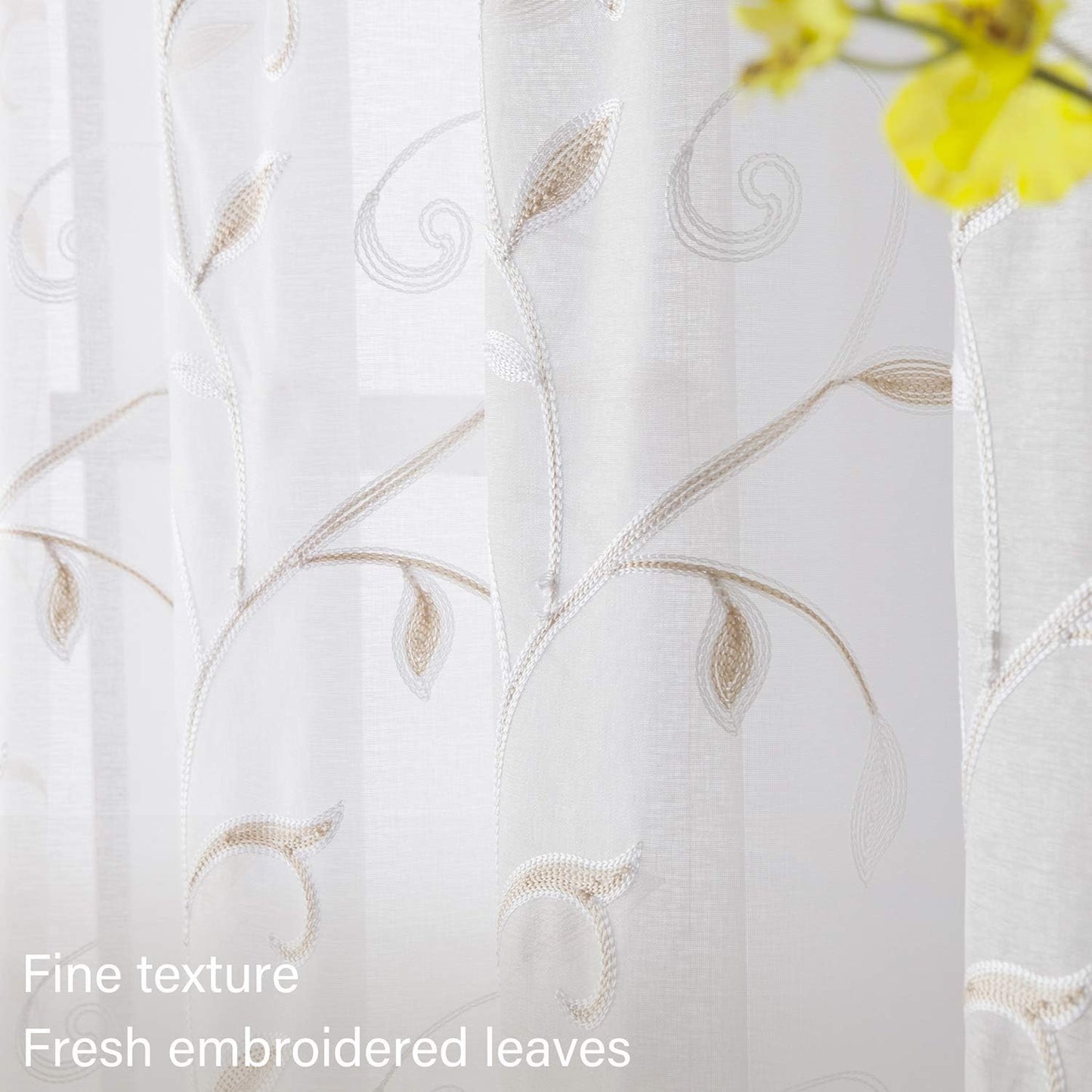 VISIONTEX White Sheer Voile Curtains, Decorative Beige Leaves Embroidery Faux Linen Rod Pocket Window Drapes for Home Kitchen, Living Room and Bedroom 54 x 95 Inch, Set of 2 Curtain Panels