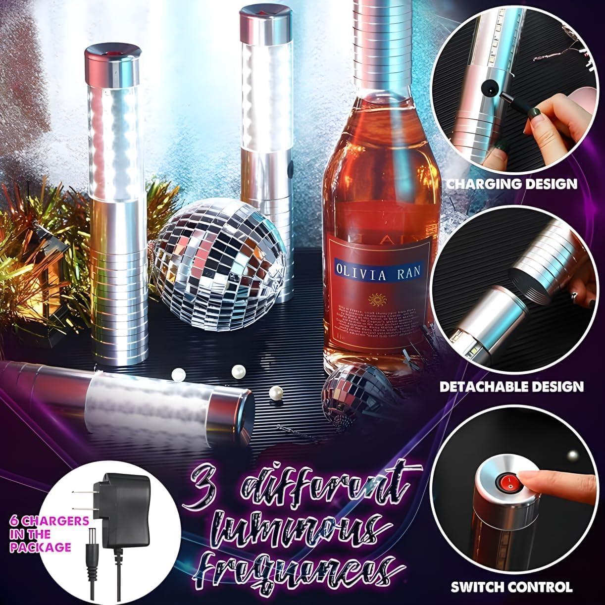 Strobe Baton Light,Stage Handheld Light,Champagne Bottle Sparklers, Recharge led Bottle Service Lights - for Bar Club Birthday Weddings Parties (Sliver 4 PC)
