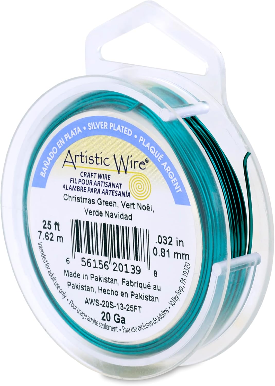 Artistic Wire, 20 Gauge Silver Plated Tarnish Resistant Colored Copper Craft Wire, Christmas Green, 25 ft