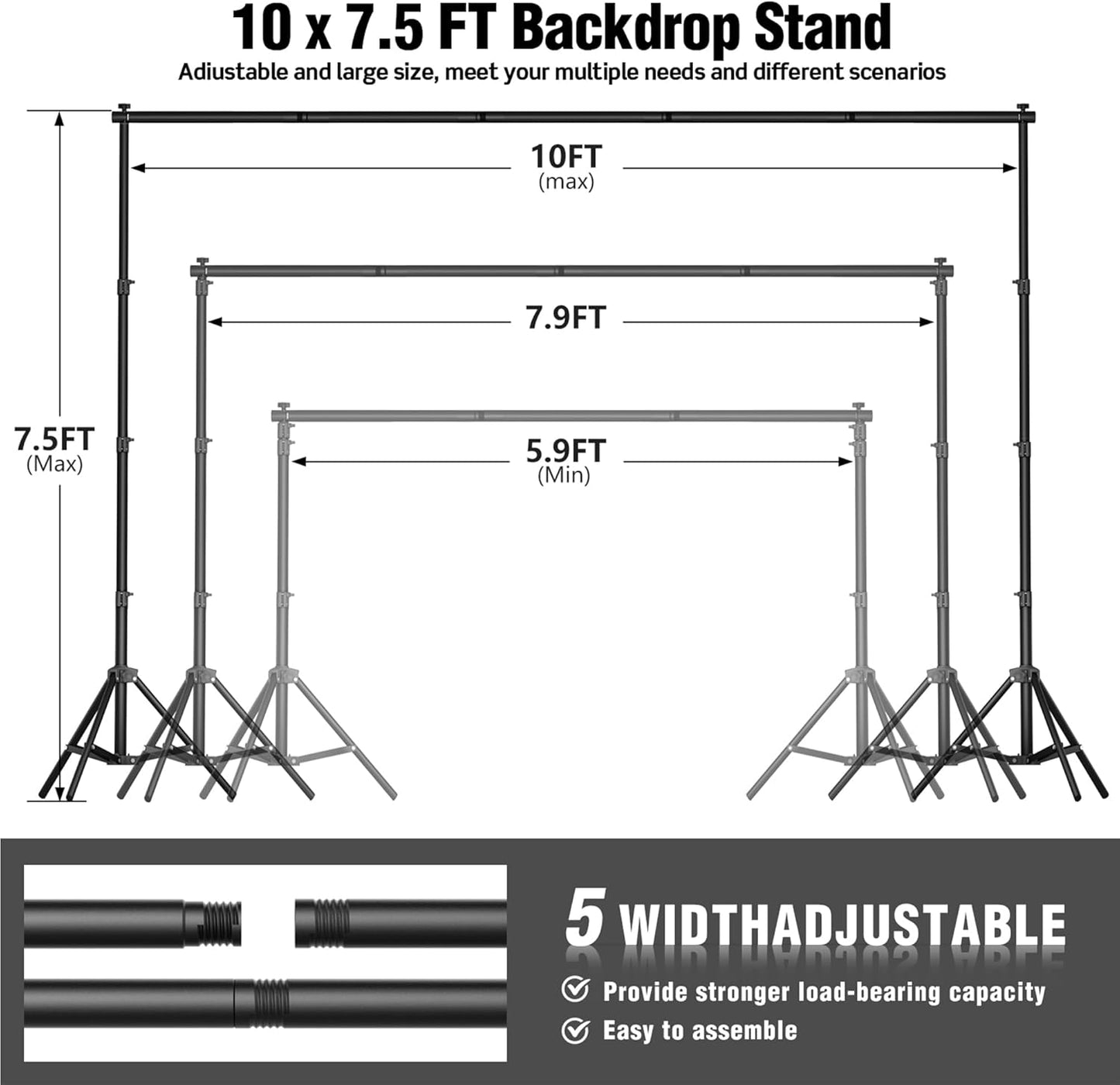 Backdrop Stand 10 x 7.5 FT for Photography Studio, Adjustable Photo Backdrop Stand Kit for Parties, Background Stand with Sandbags, Spring Clamps, Carrying Bag