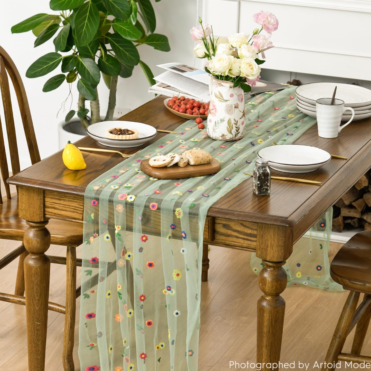 Artoid Mode Sage Green Embroidery Daisy Gauze Table Runner 120 Inch 10FT, Seasonal Sheer Dining Holiday Wedding Birthday Table Decor for Home Party