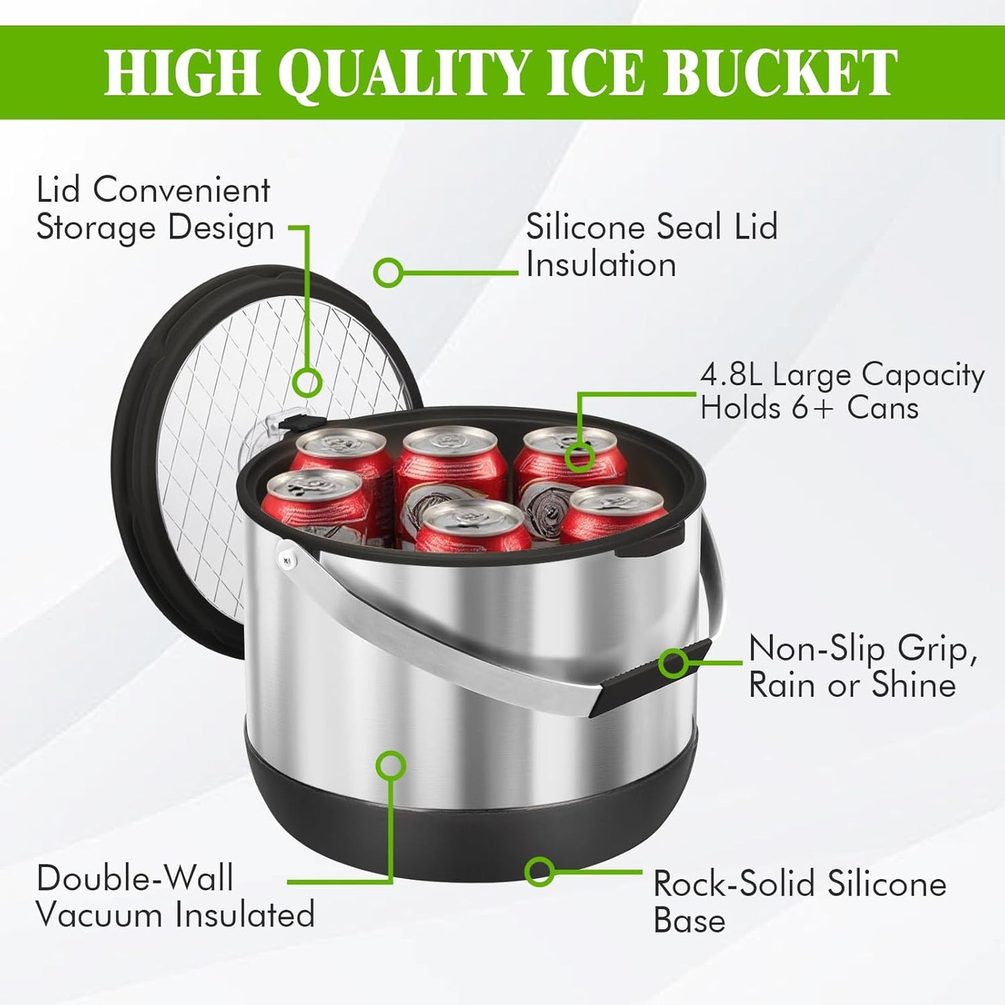 5QT/4.8L Double-Wall Insulated Ice Bucket with Scoop & Lid,Large Capacity Stainless Steel Beverage Bucket for Party Cocktail Bar, Champagnes (Black