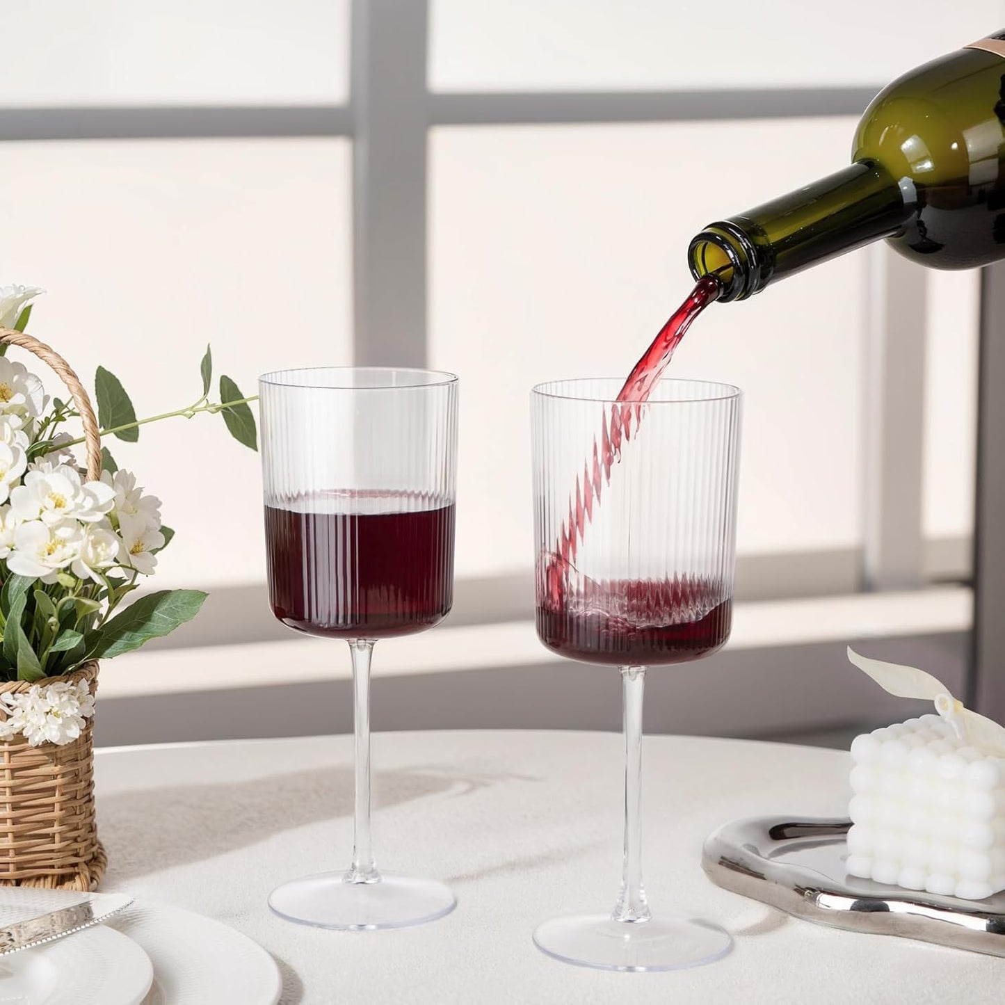 Ciaell 12 PCS Plastic Ribbed Wine Glasses - 10 OZ Plastic Square Wine Glasses with Stem - Disposable Champagne Cups for Parties & Weddings & Party